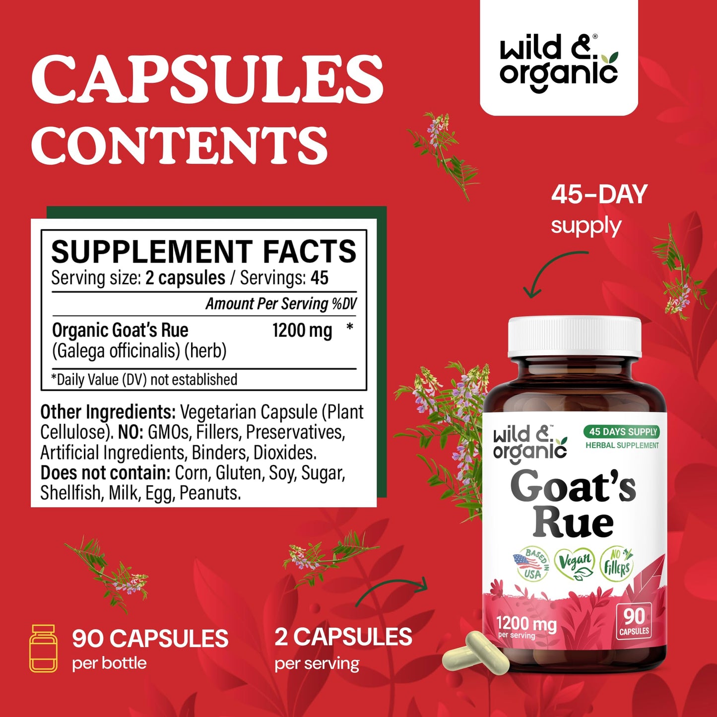 Wild & Organic Goats Rue Capsules 1200 mg, Lactation Support, 90 Count