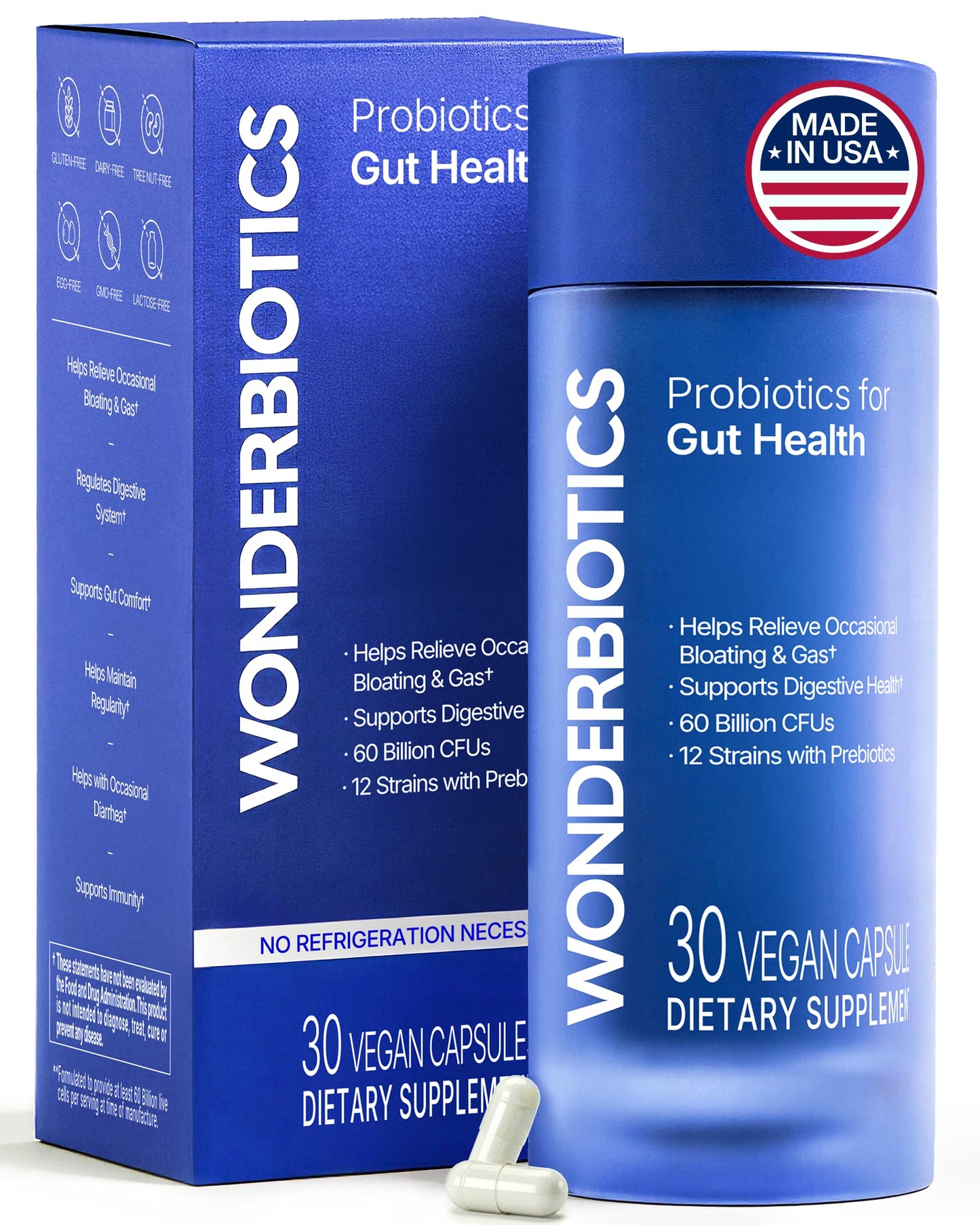 WonderBiotics Probiotics for Gut Health 60 Billion CFU - 12 Strains with Digestive Enzymes Capsule 30 Count