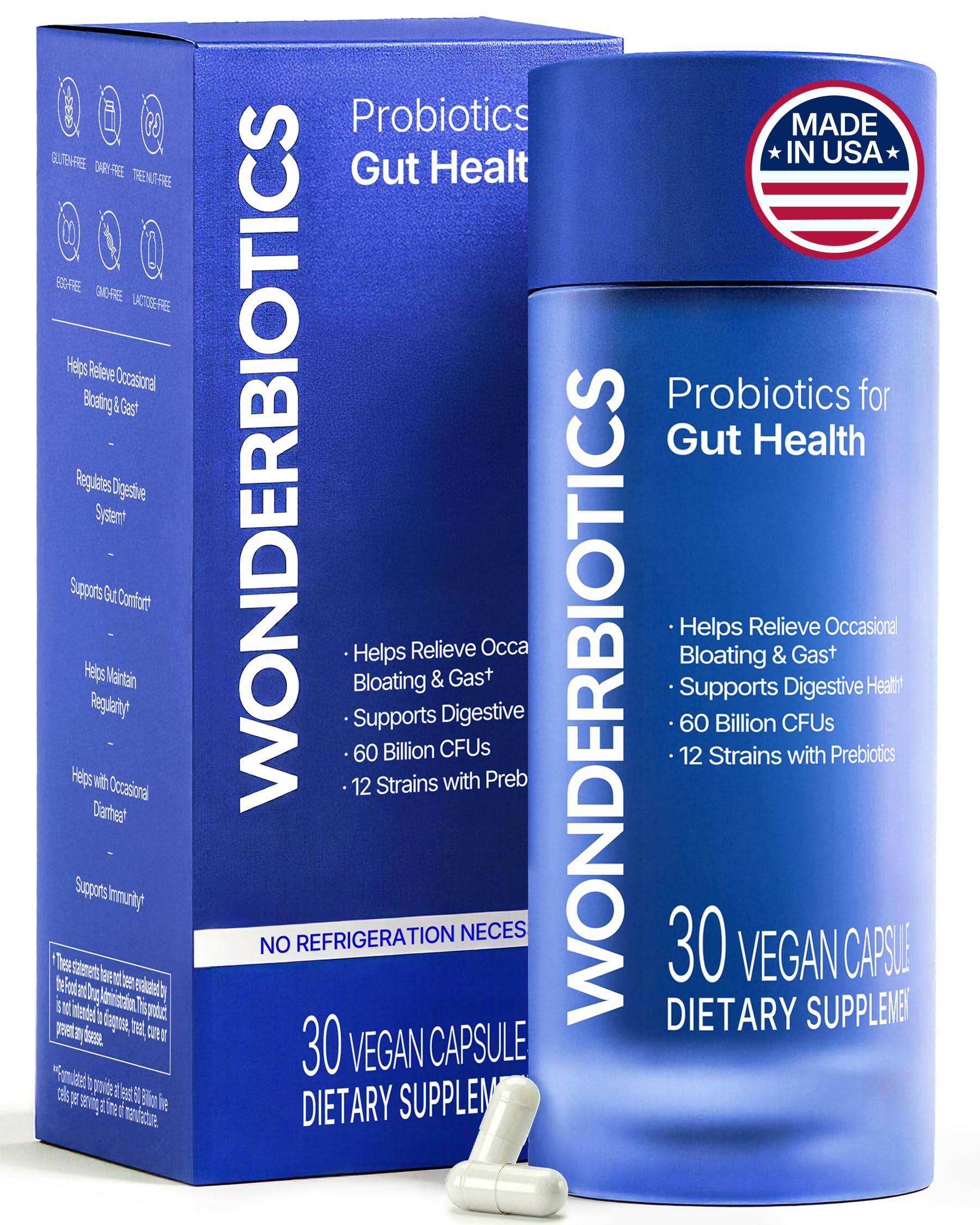 WonderBiotics Probiotics for Gut Health 60 Billion CFU - 12 Strains with Digestive Enzymes Capsule 30 Count