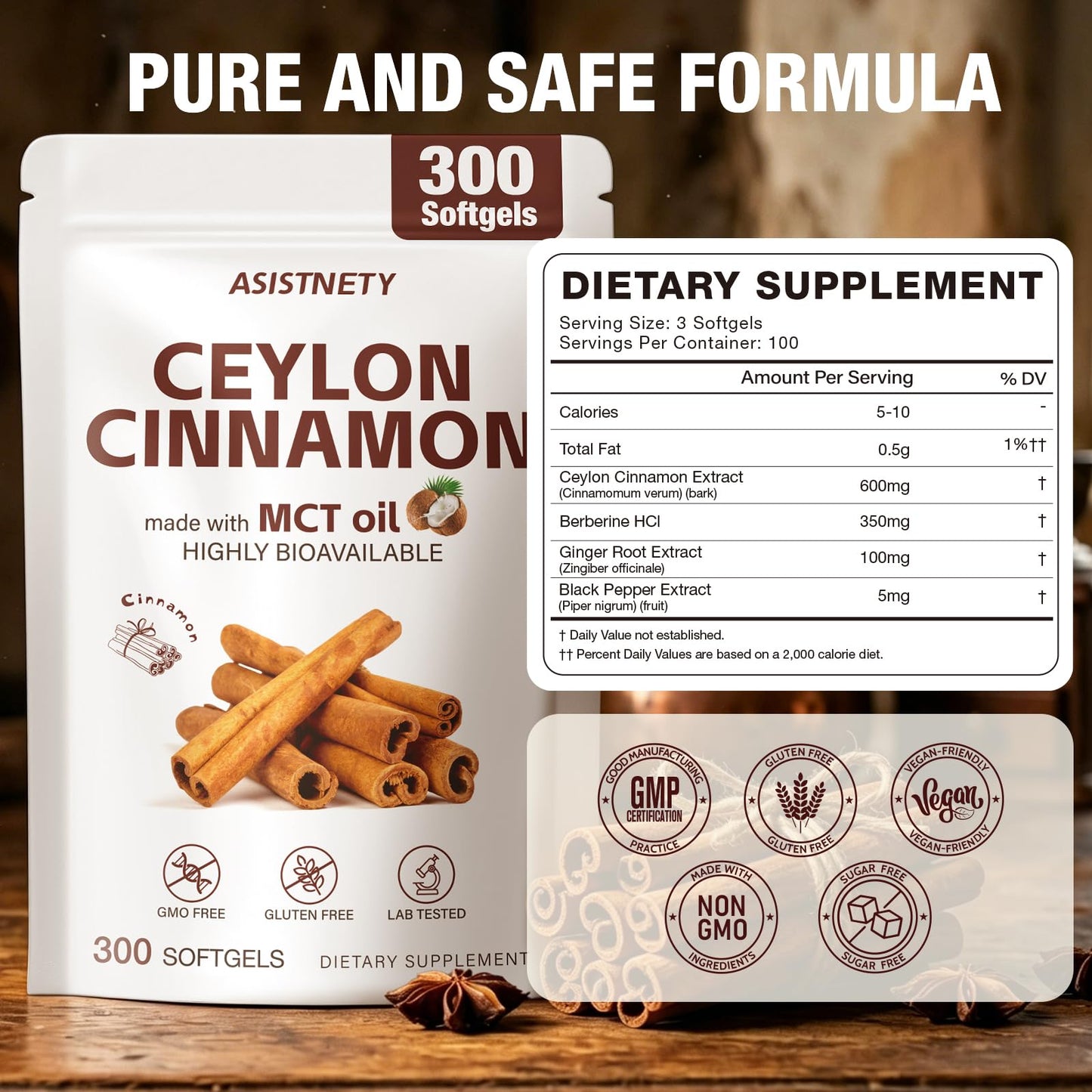 ASISTNETY Ceylon Cinnamon Softgels with MCT Oil, 300 Softgels