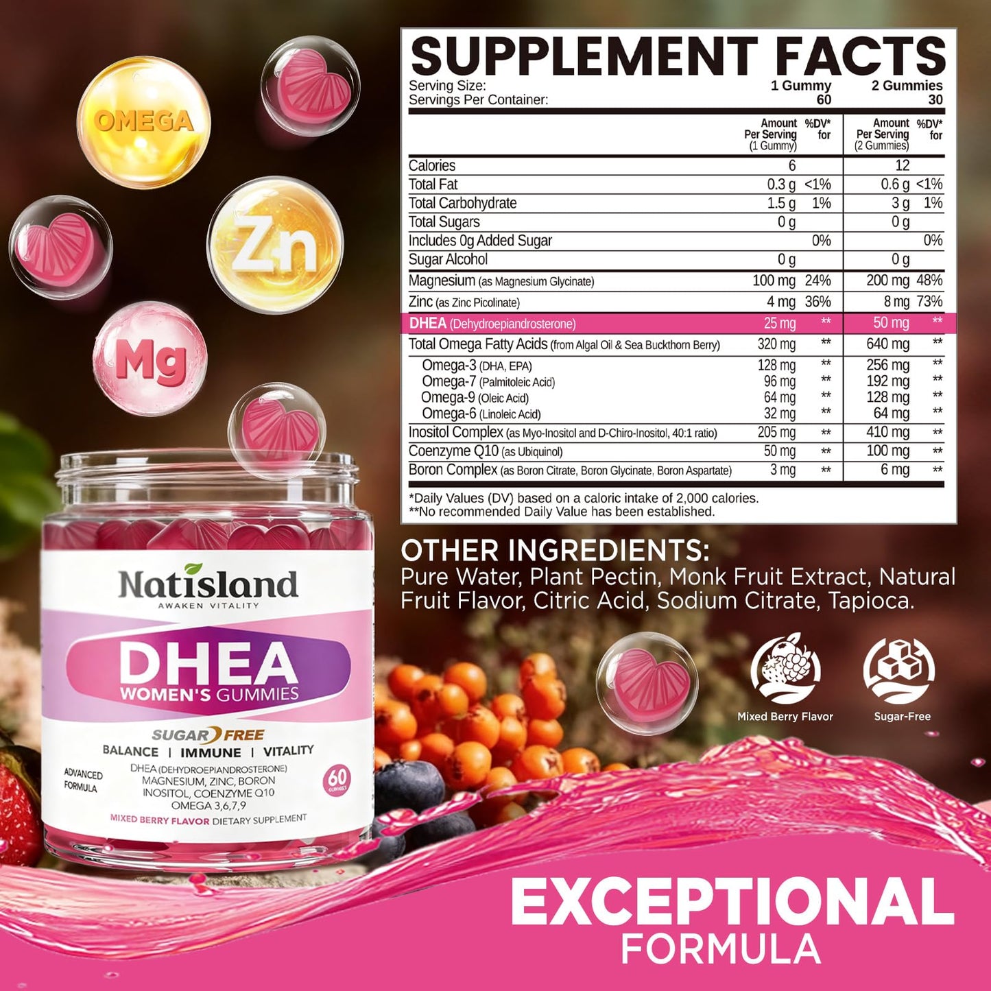 NATISLAND DHEA Gummy Supplement for Women, 25 mg per Gummy, 60 Gummies