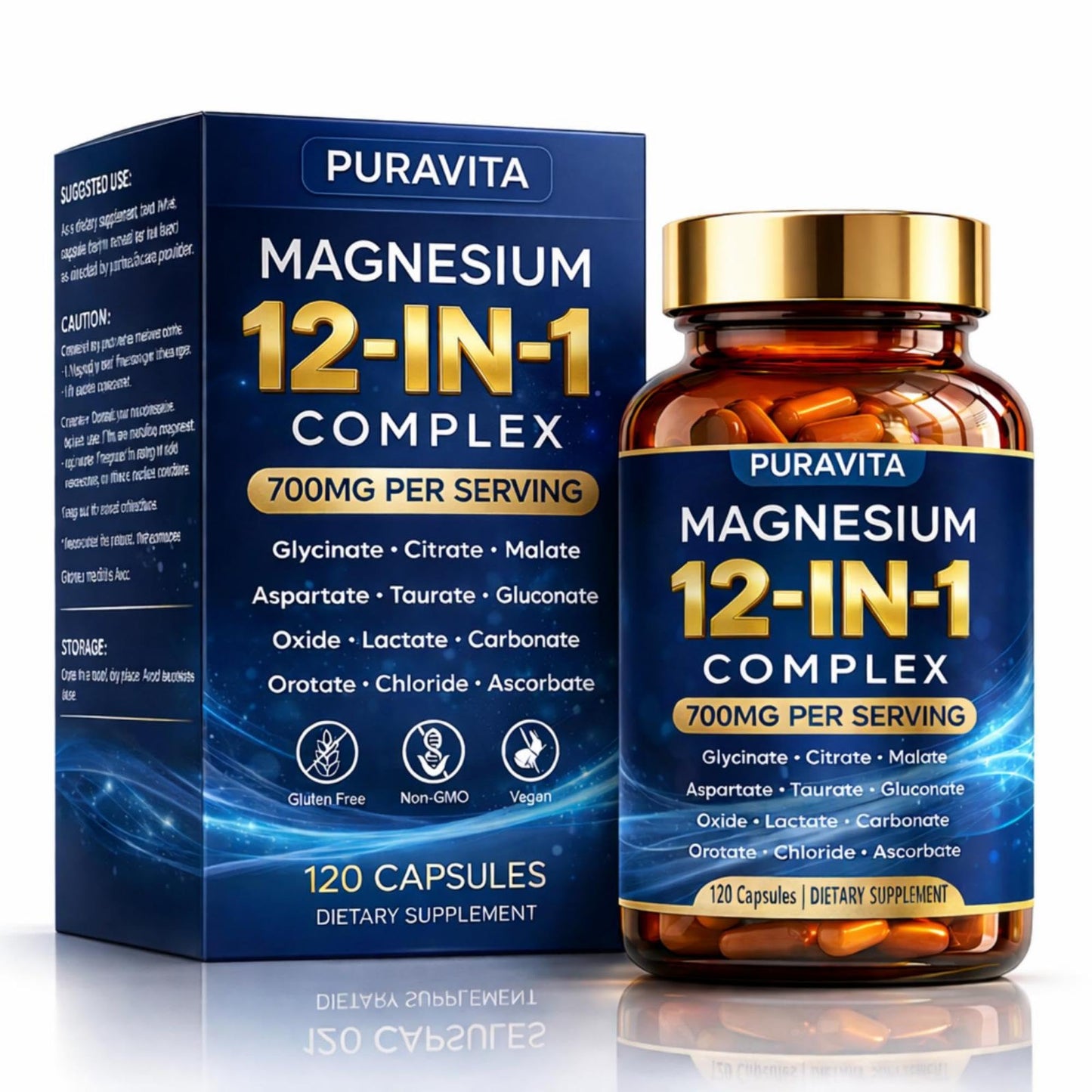 Peehss Puravita Magnesium Complex 12 in 1 Magnesium Supplement 700mg with Glycinate, Citrate, Malate, Oxide, Taurate & More, 120 Capsules