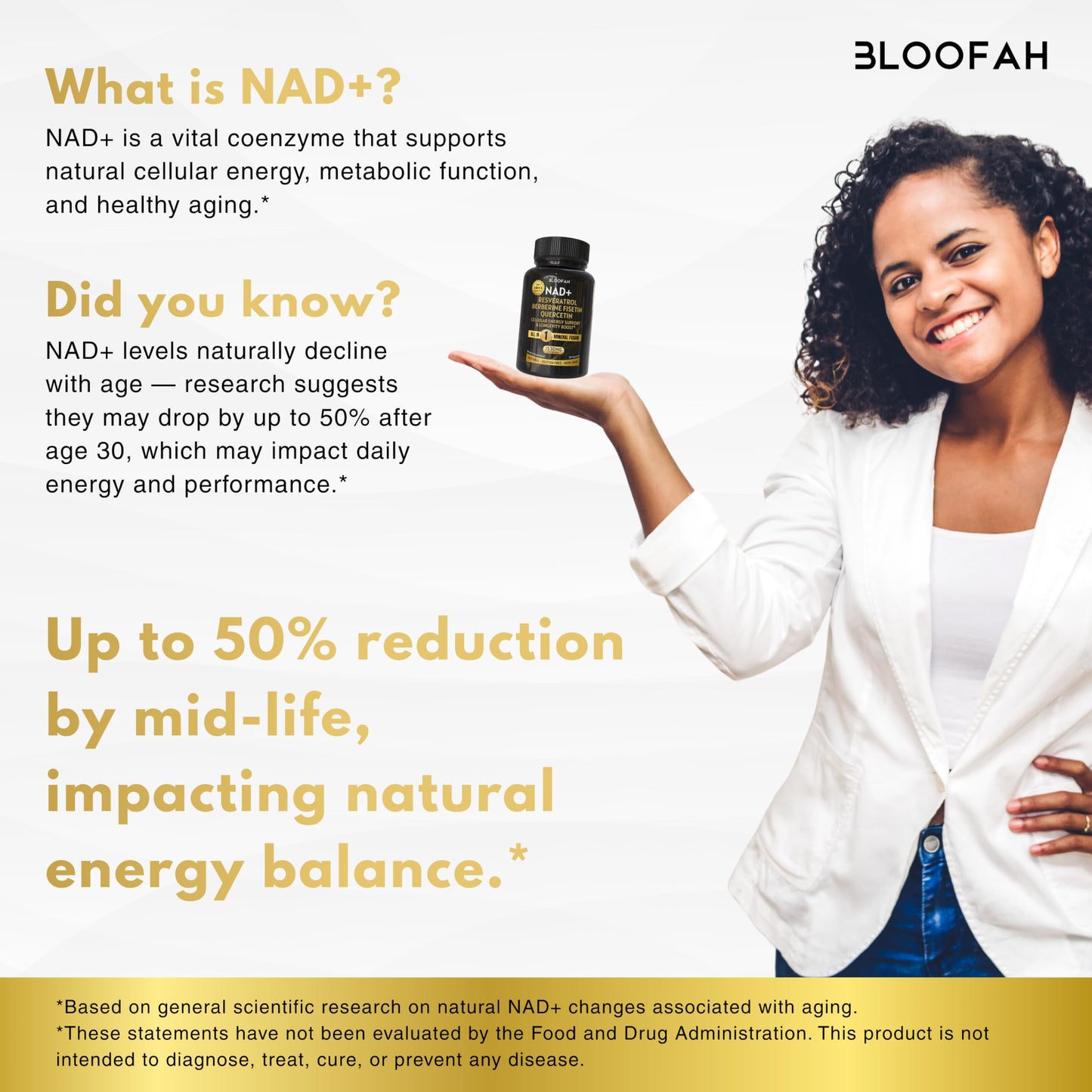 Bloofah NAD+ Supplement 1530mg Nicotinamide Riboside with Resveratrol 18 in 1 Herbal Supplement + Green Tea for Women & Men, 90 Capsules