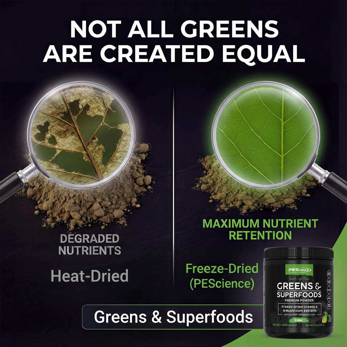 PEScience Greens Powder Superfood with Natural Chlorophyll, Reishi & Turkey Tail Mushroom Powders, Freeze-Dried Kale, Spinach, Broccoli Sprouts - Lime Flavor, 8