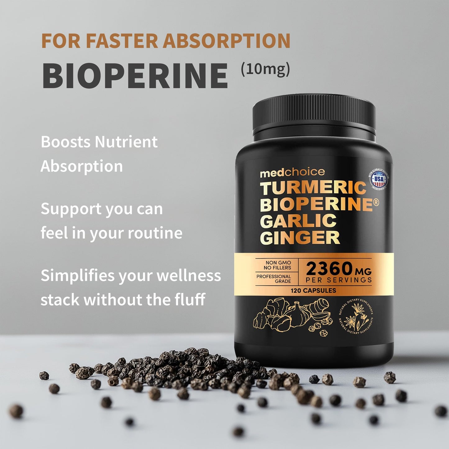 MEDCHOICE 4-in-1 Turmeric Joint Support with Garlic and BioPerine, 2360 mg High Potency Herbal Blend, 240 Capsules
