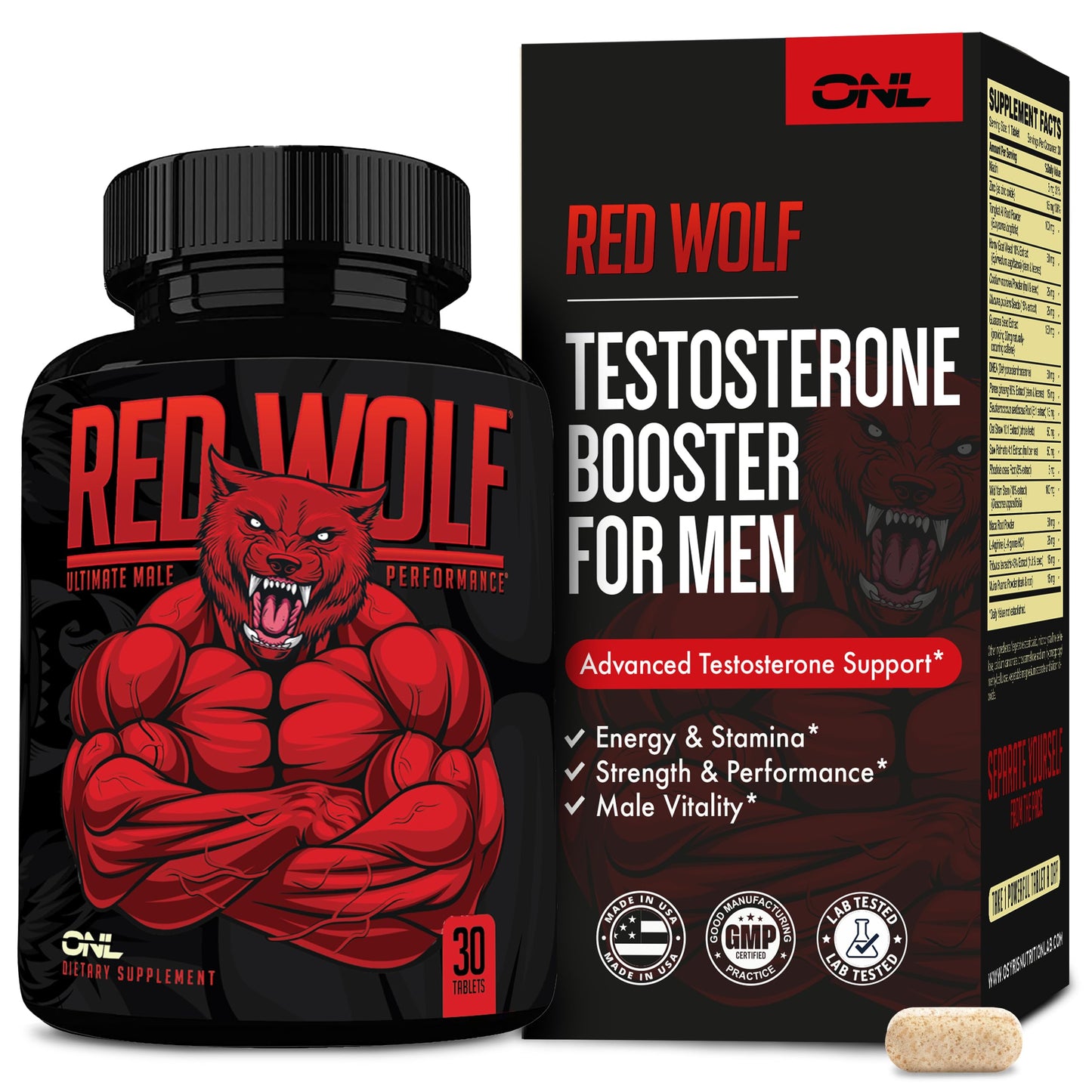 ONL Red Wolf Testosterone Booster for Men & Ultimate Male Enhancing Tablets, 30 Count
