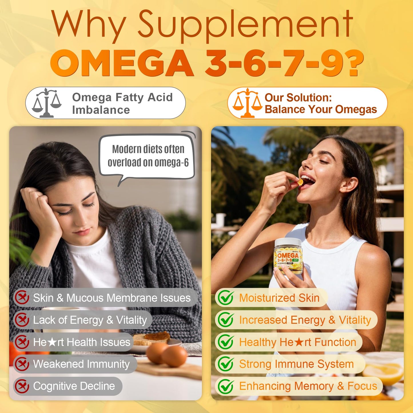 NEVISS Omega 3-6-7-9 Gummies with Sea Buckthorn Oil 1200mg & Flaxseed Oil 500mg, 60 Count