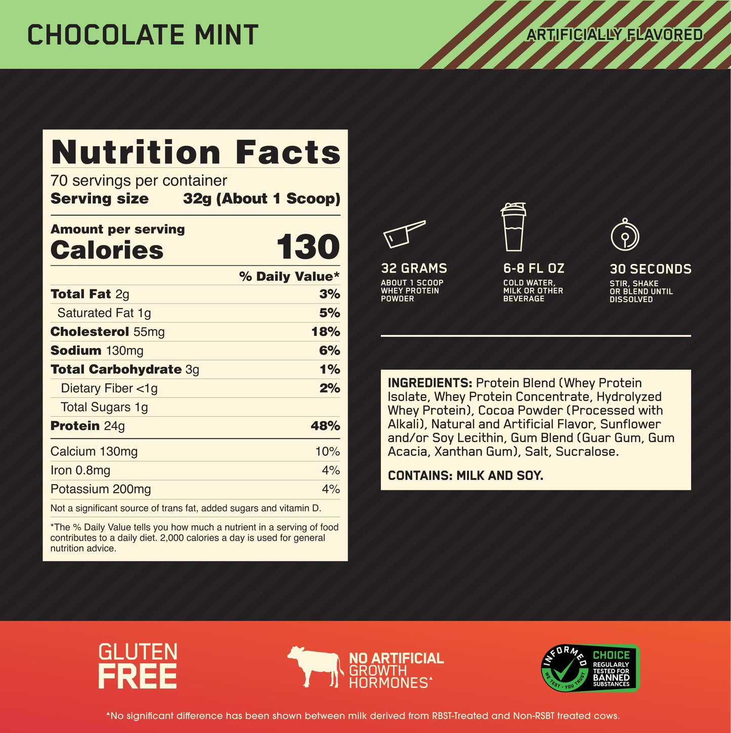 Optimum Nutrition Gold Standard 100% Whey Protein Powder, Chocolate Mint, 5 Pound, 80 Servings