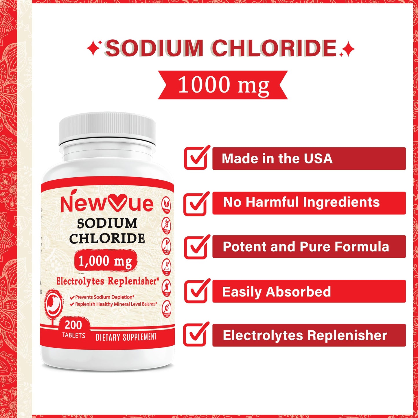 NewVue Sodium Chloride 1000mg Tablets, 200 Count