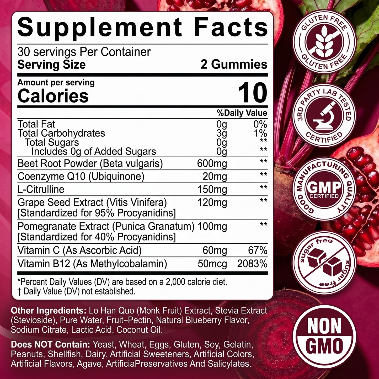 ELLAMENTZ Beet Root Gummies for Healthy Circulation & Oxygen Flow - Pomegranate Nitric Oxide Booster with CoQ10, L-Citrulline, Grape Seed & B12 - Sugar Free, 120 Gummies
