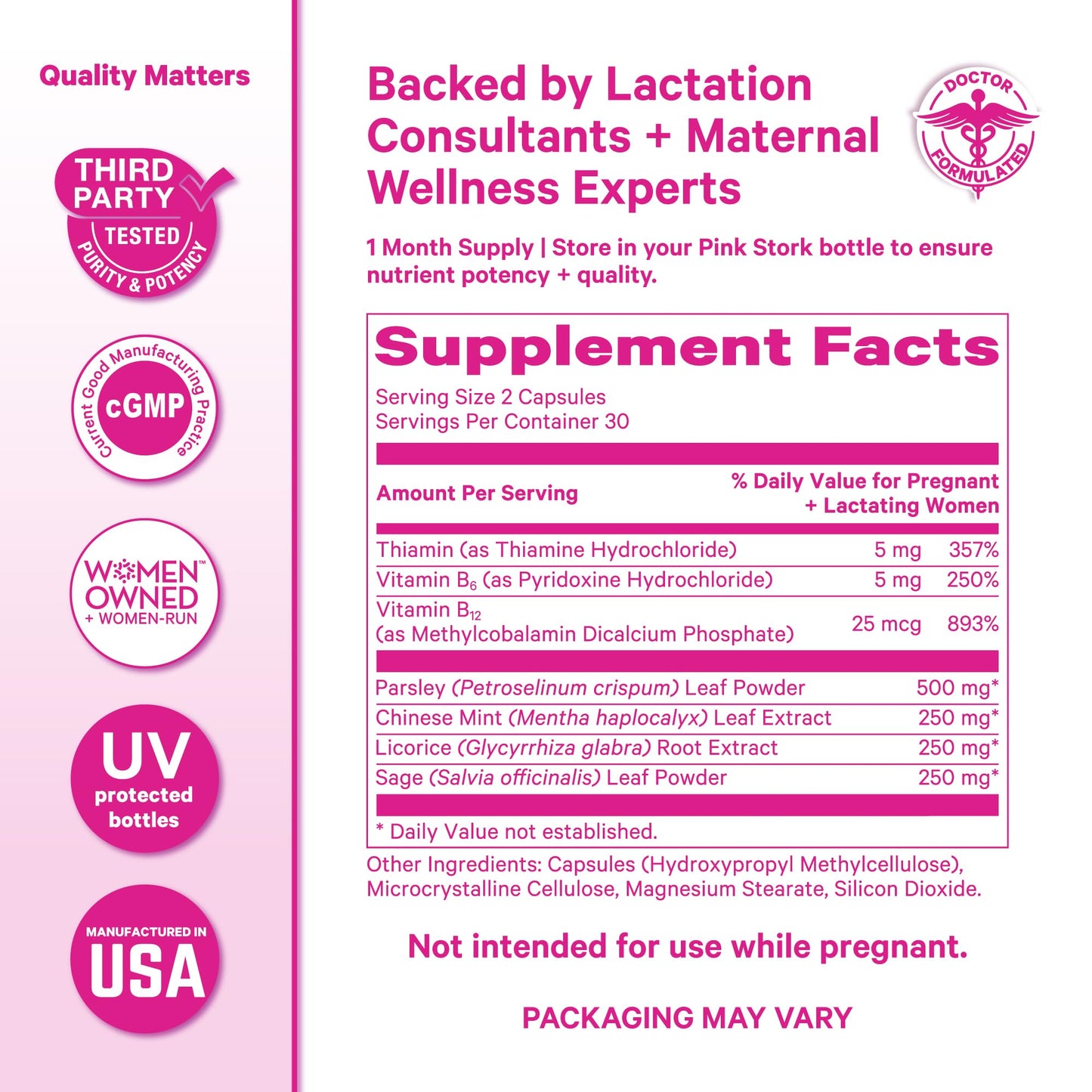 Pink Stork No Flow Dry Up Breast Milk Supply with Sage, Parsley, and B Vitamins, 60 Capsules