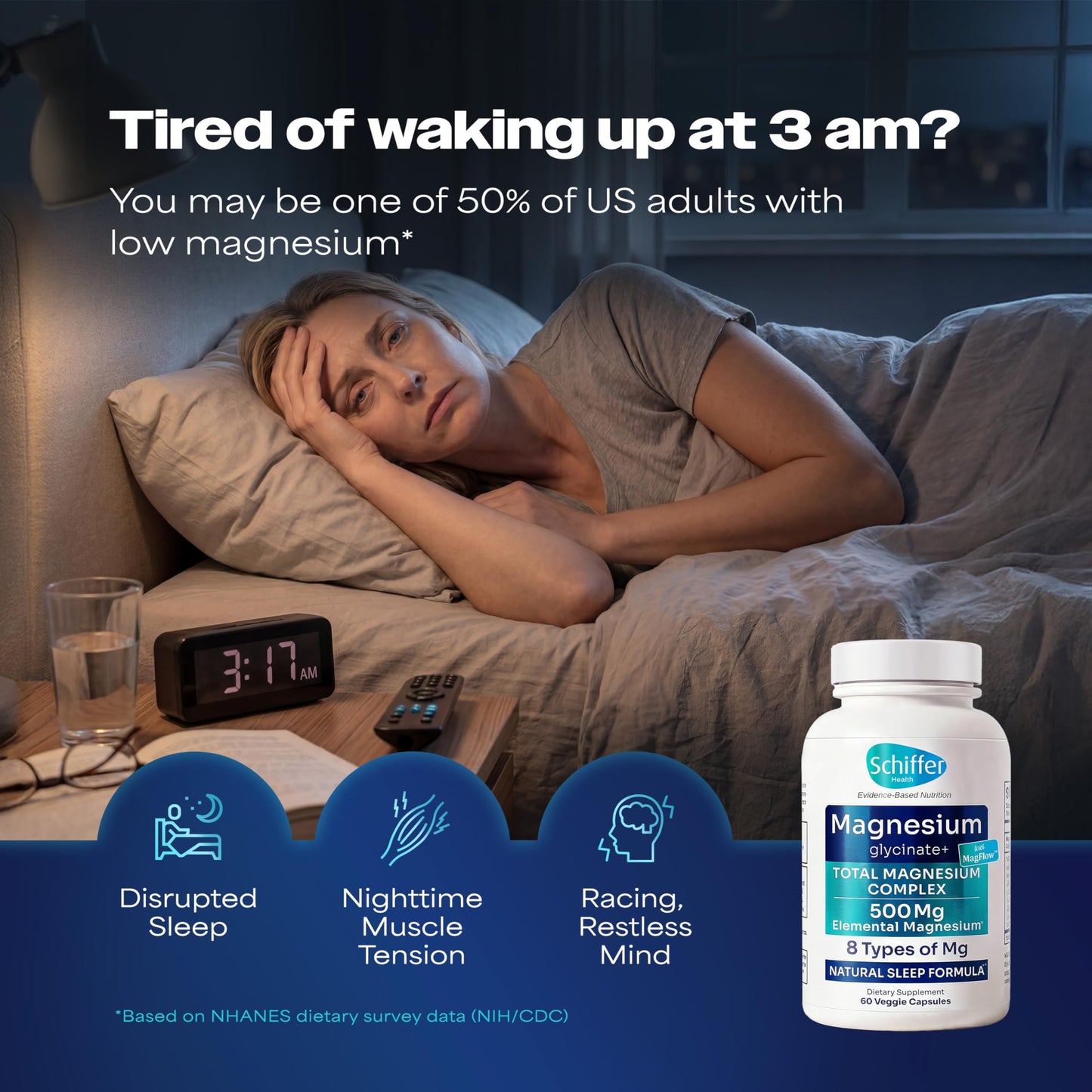 SCHIFFER HEALTH Magnesium Complex Supplement 8 Elemental 500mg Magnesium Glycinate, Citrate, Malate with MagFlow™ Sleep, Muscle & Relaxation Support, 60 Capsules