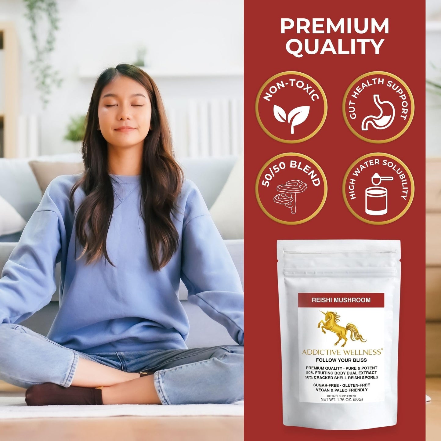Addictive Wellness Reishi Mushroom Extract Powder + Spores (50/50 Blend) Wood Grown Pure & Potent Wildcrafted Ganoderma, 1.76 oz