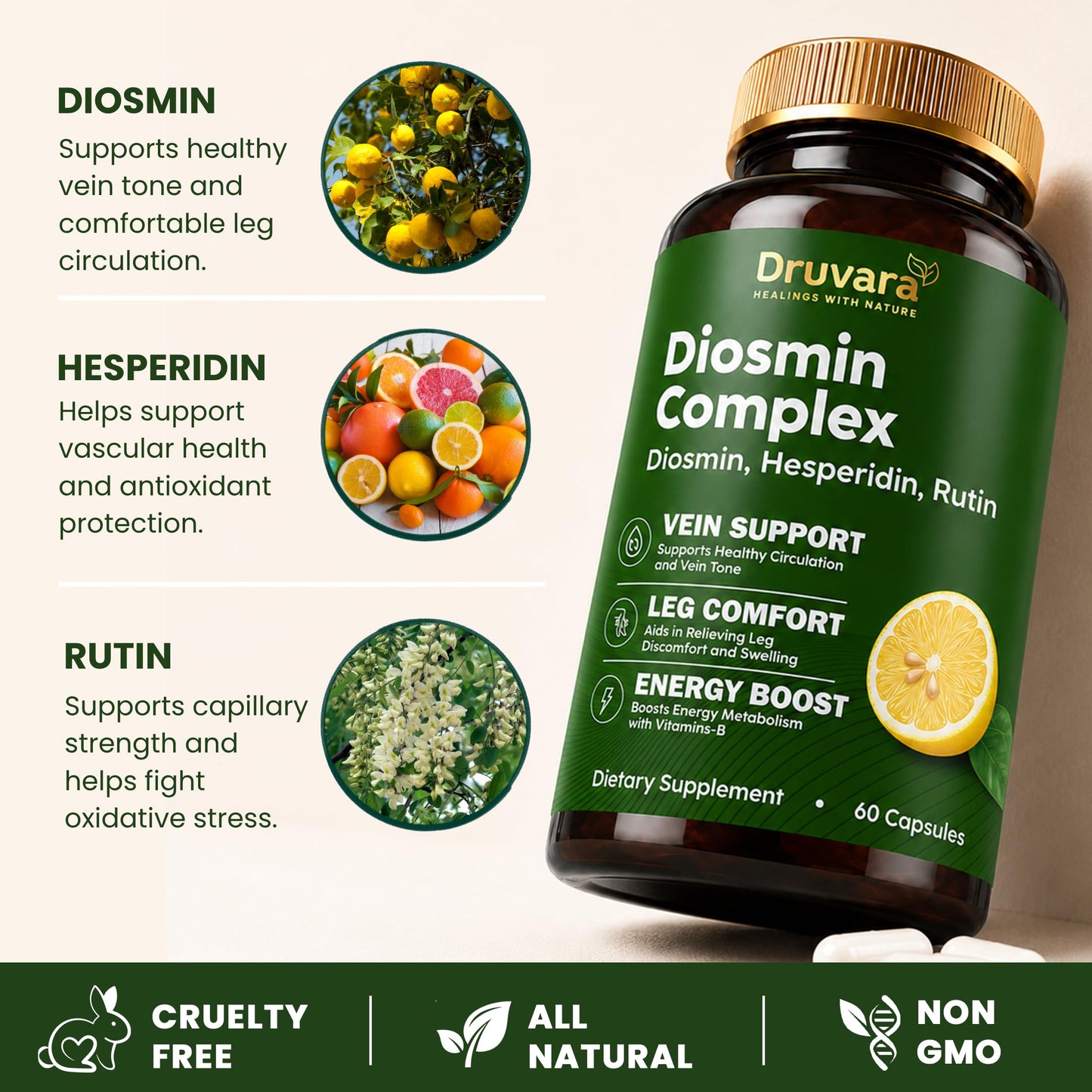 Druvara Diosmin Hesperidin with Rutin & B Vitamins Vein Support Capsule, 60 Count