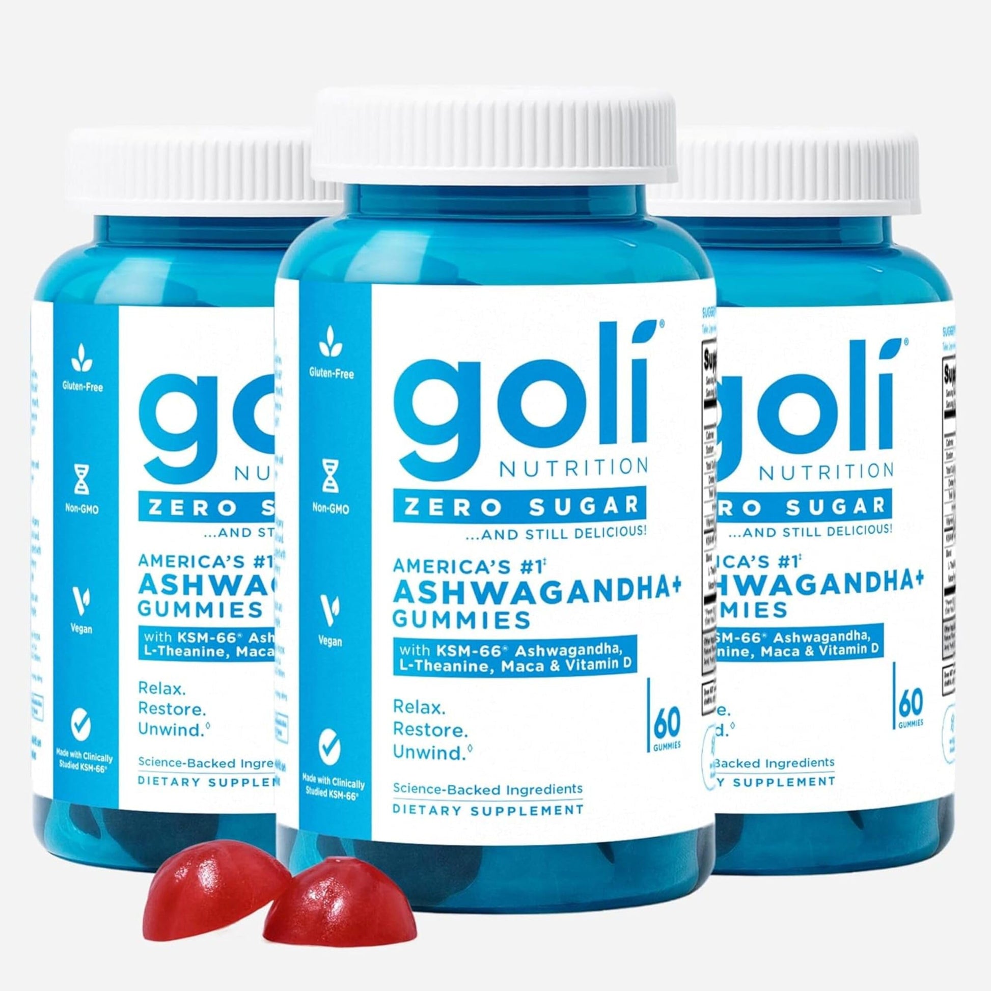 Goli Zero Sugar Ashwagandha & Vitamin D, Maca, L-Theanine Gummies, Mixed Berry, 180 Count