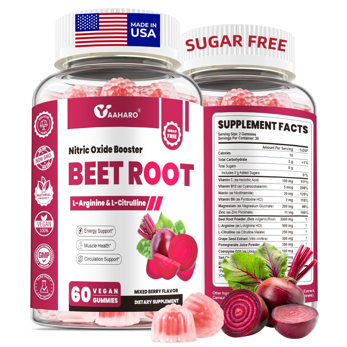 YAAHARO Beet Root Gummy Nitric Oxide Supplement with L-Citrulline & L-Arginine, 60 Count