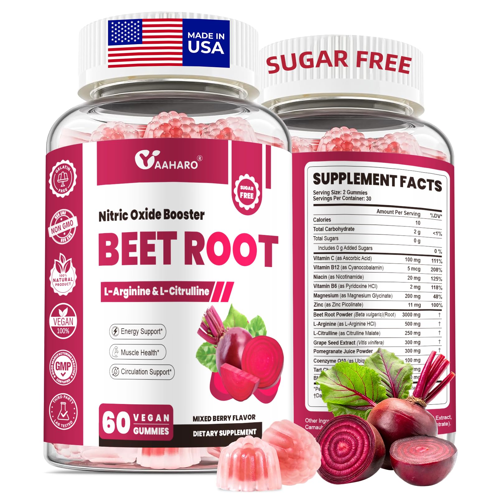 YAAHARO Beet Root Gummy Nitric Oxide Supplement with L-Citrulline & L-Arginine, 60 Count