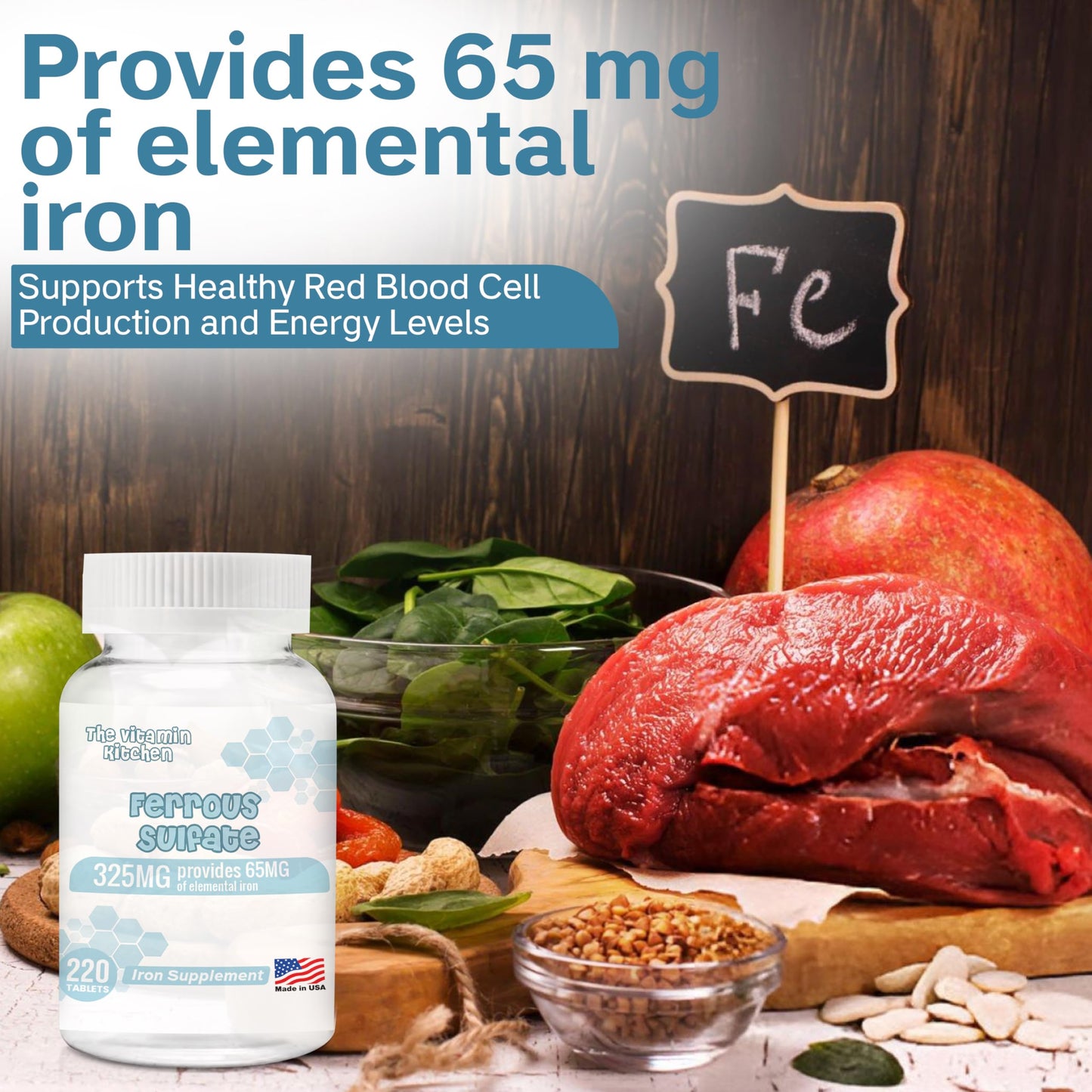 The Vitamin Kitchen Ferrous Sulfate 325 mg (65 mg Elemental Iron) High Potency Iron Supplement, 220 Tablets