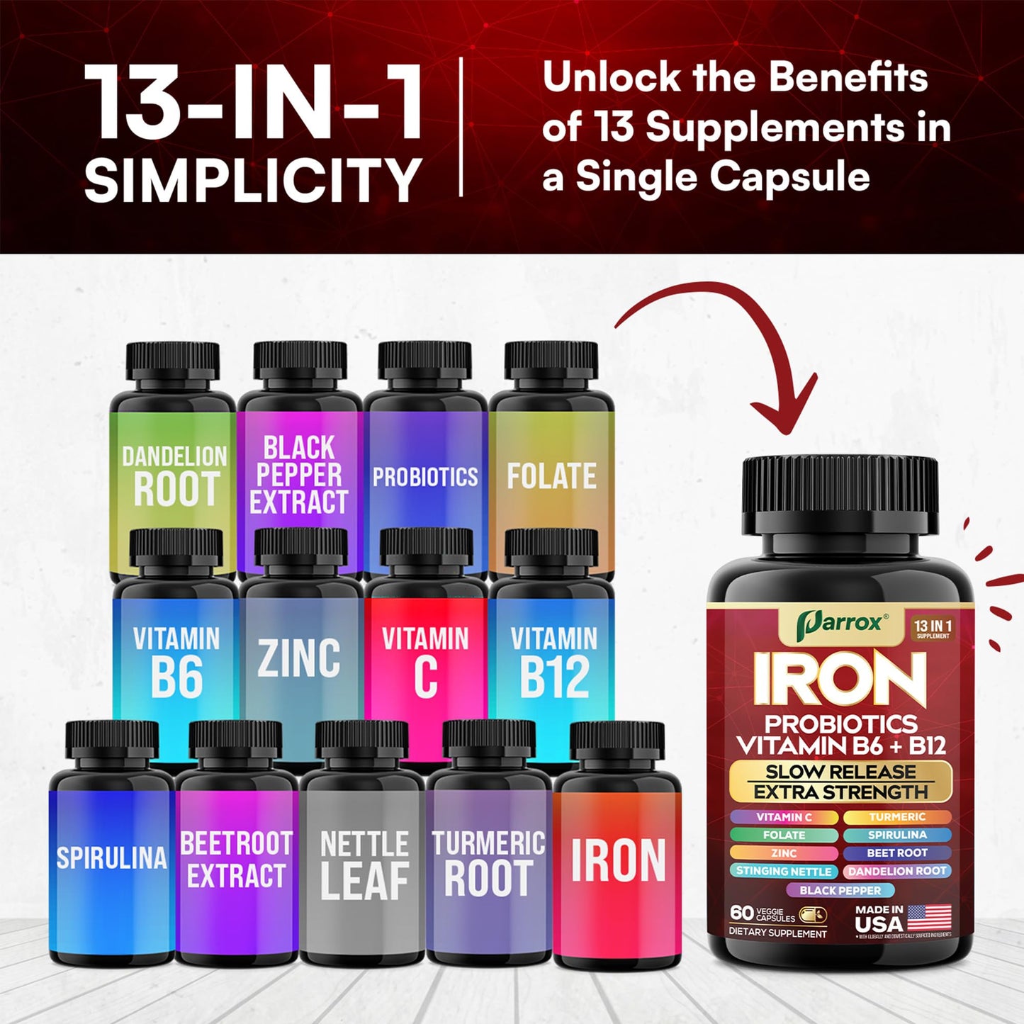 Parrox Iron Supplement Capsules, Slow Release with Probiotics and Spirulina, 60 Count