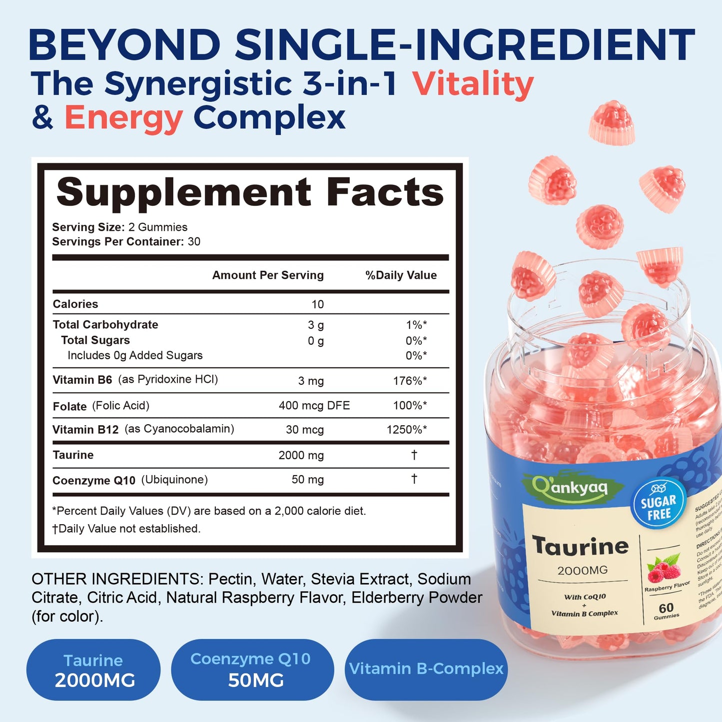 Q'ankyaq Taurine 2000mg Gummies with CoQ10 Sugar Free, 60 Count