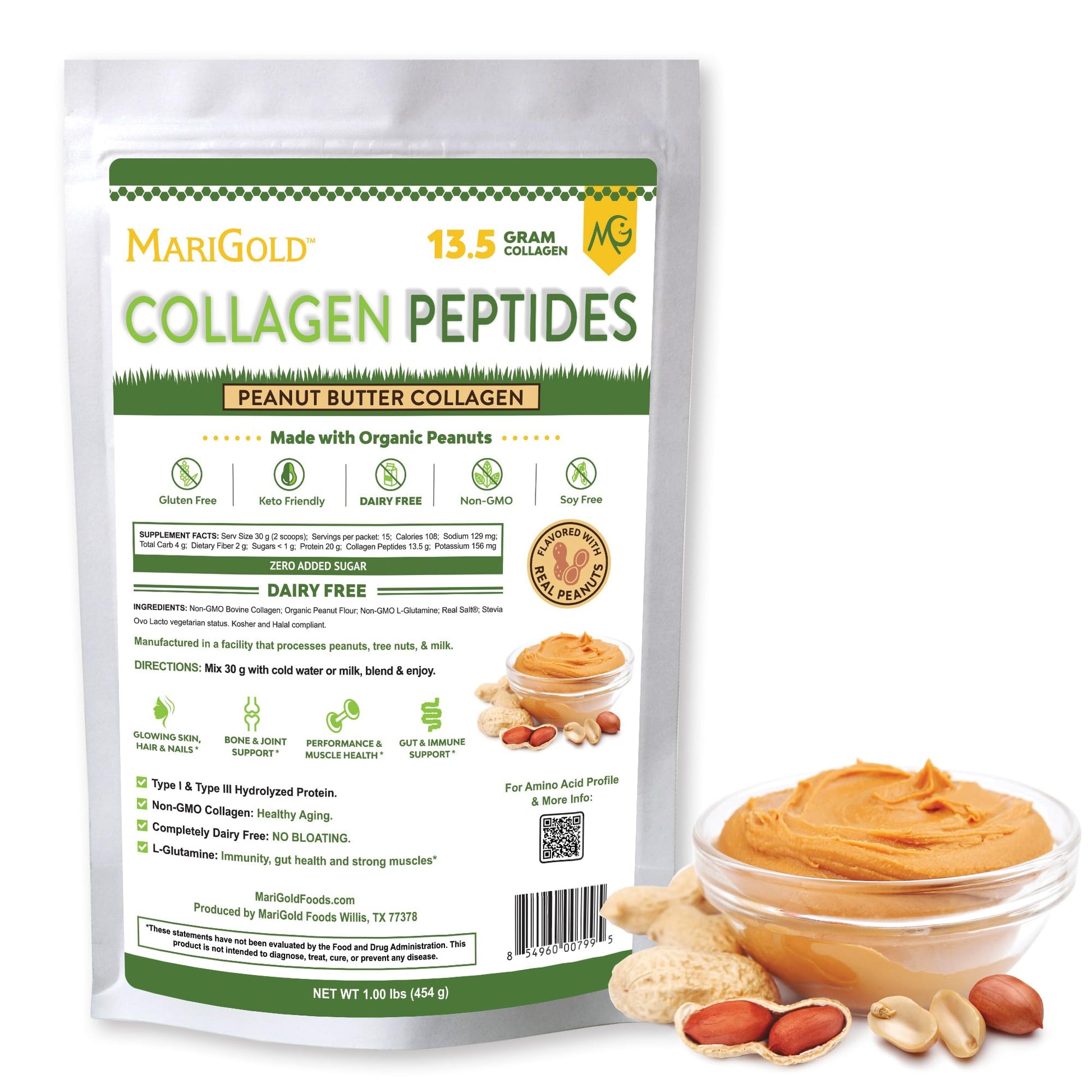 MariGold Grass-fed Collagen Peptides Powder Peanut Butter - 16 oz