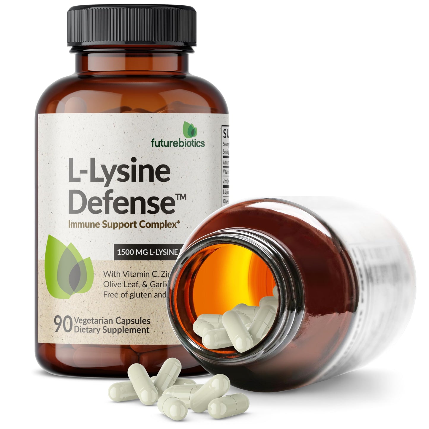 Futurebiotics L-Lysine Defense Immune Support Complex 1500 mg per Serving with Vitamin C, Zinc, Olive Leaf & Garlic Capsule, 90 Count