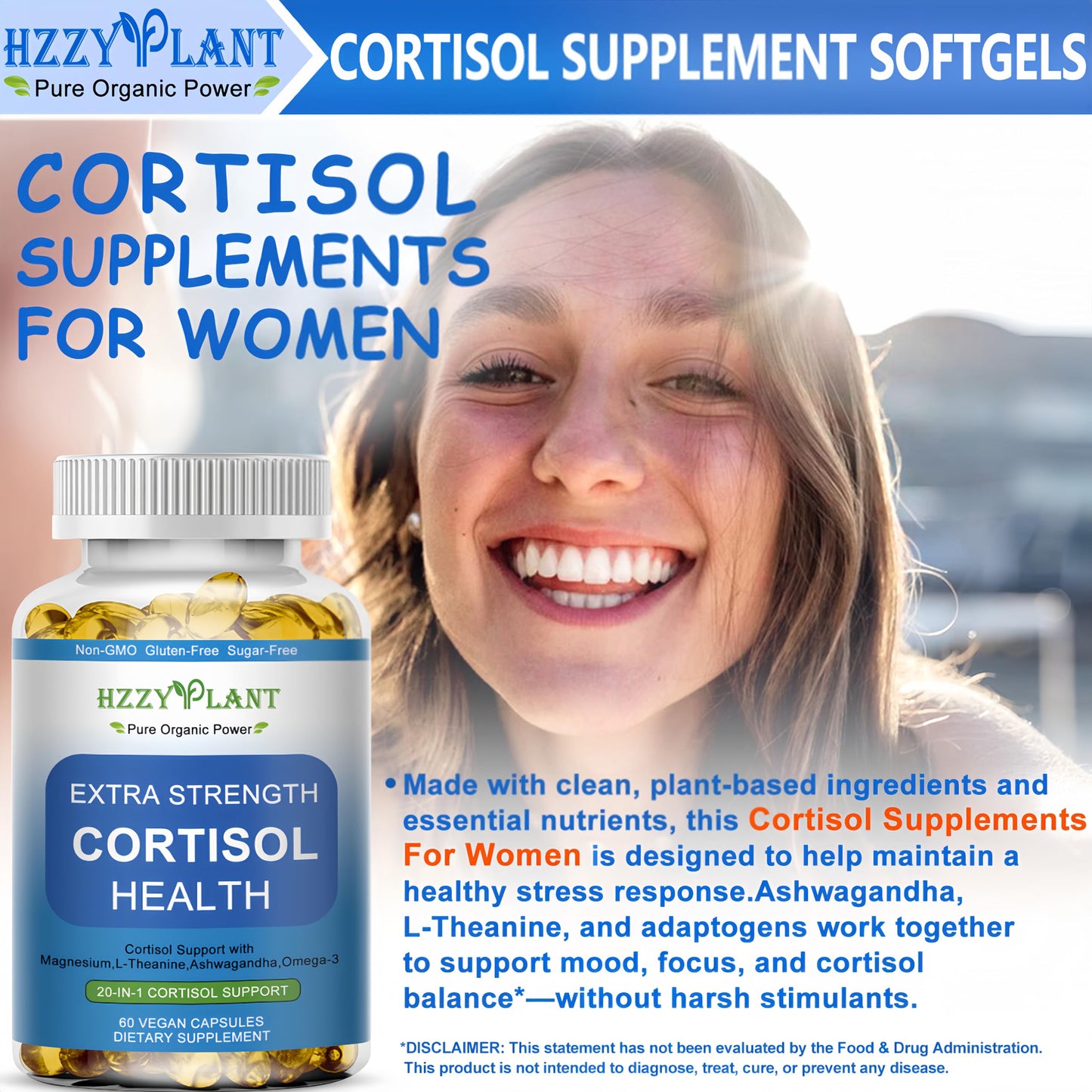 HZZYPLANT Cortisol Support Softgels with Phosphatidylserine, Magnesium, Ashwagandha, L-Theanine, 60 Softgels
