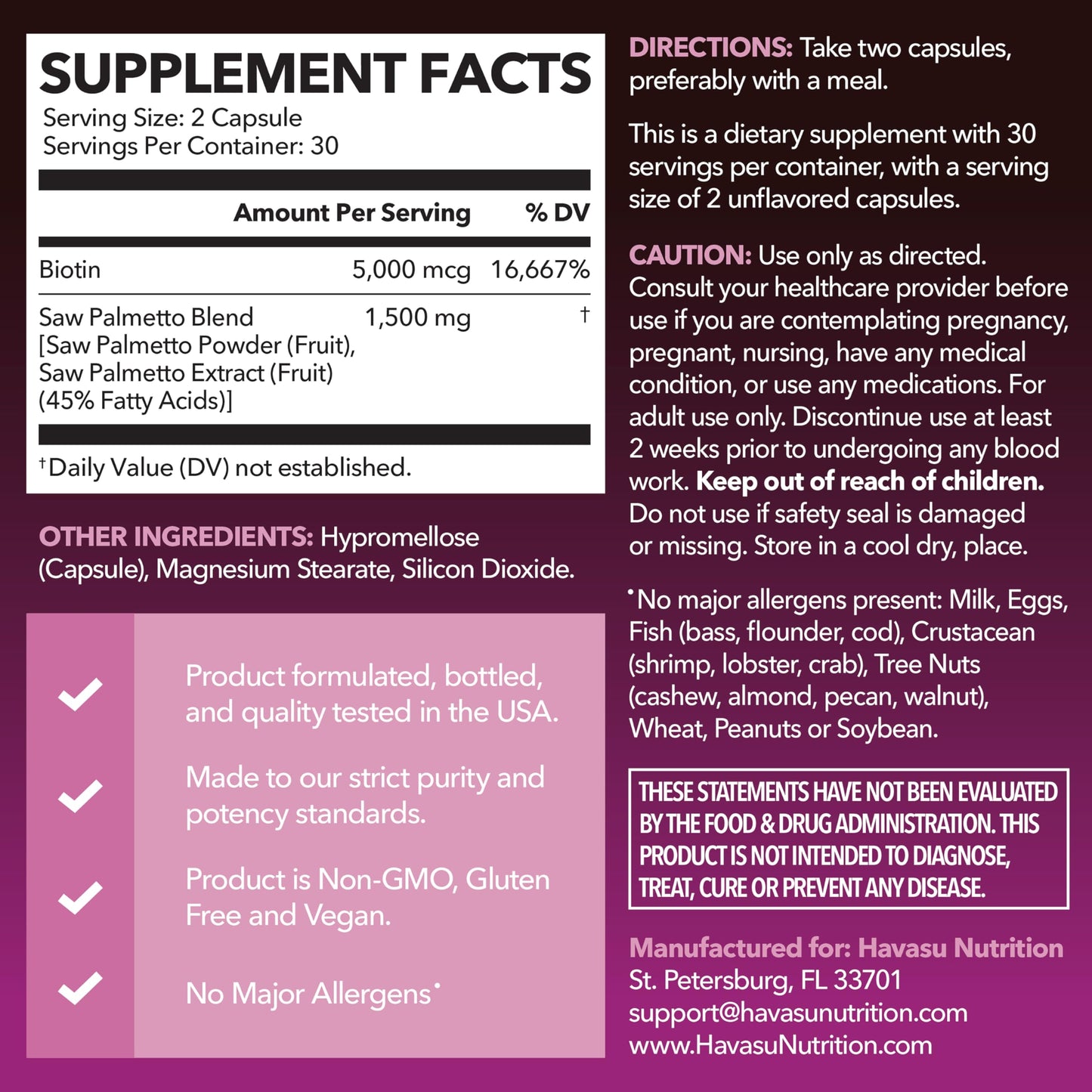HAVASU NUTRITION Saw Palmetto for Women with Biotin 5000mcg Capsule, 60 Count