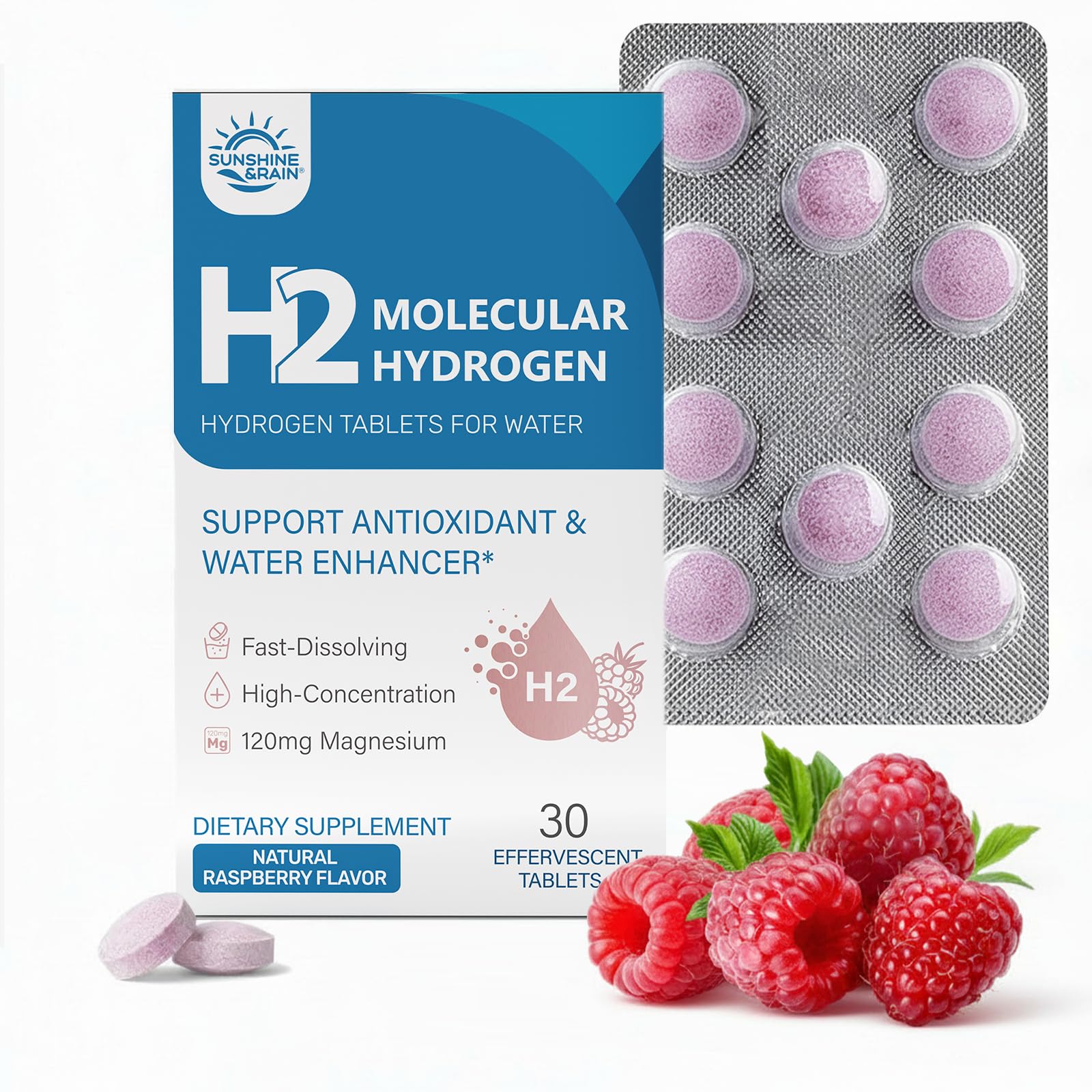 Sunshine & Rain Molecular Hydrogen Tablets with 120 mg Magnesium – 16 PPM Hydrogen Water Tablets, Natural Raspberry Flavor, Antioxidant Support, 30 Tablets