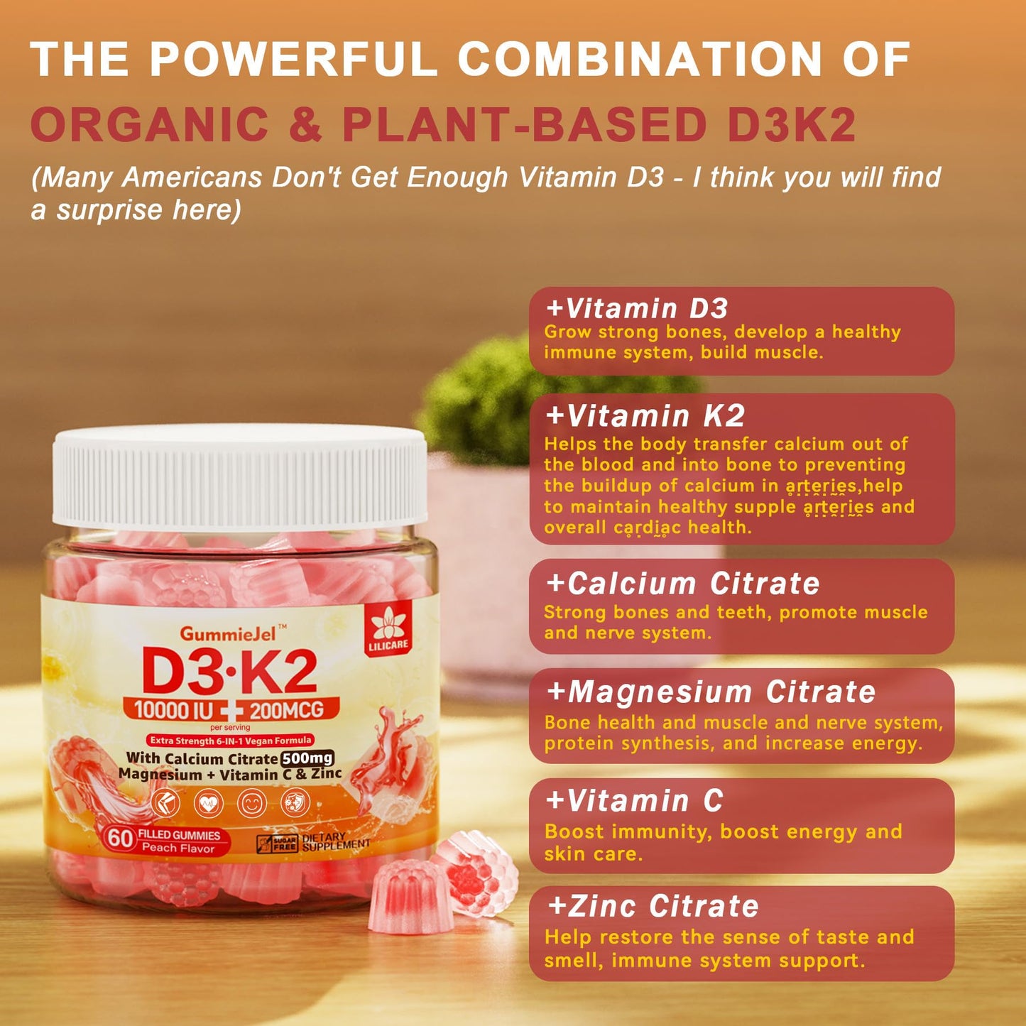 Vitamin D3 K2 Filled Gummies 5000IU / 10,000 IU with 500mg Calcium + K2(MK-7) 200mcg, Magnesium, Vitamin C & Zinc, Extra Strength - Ultimate Absorbency for Bones Muscles Teeth, Vegan -- Pack of 2