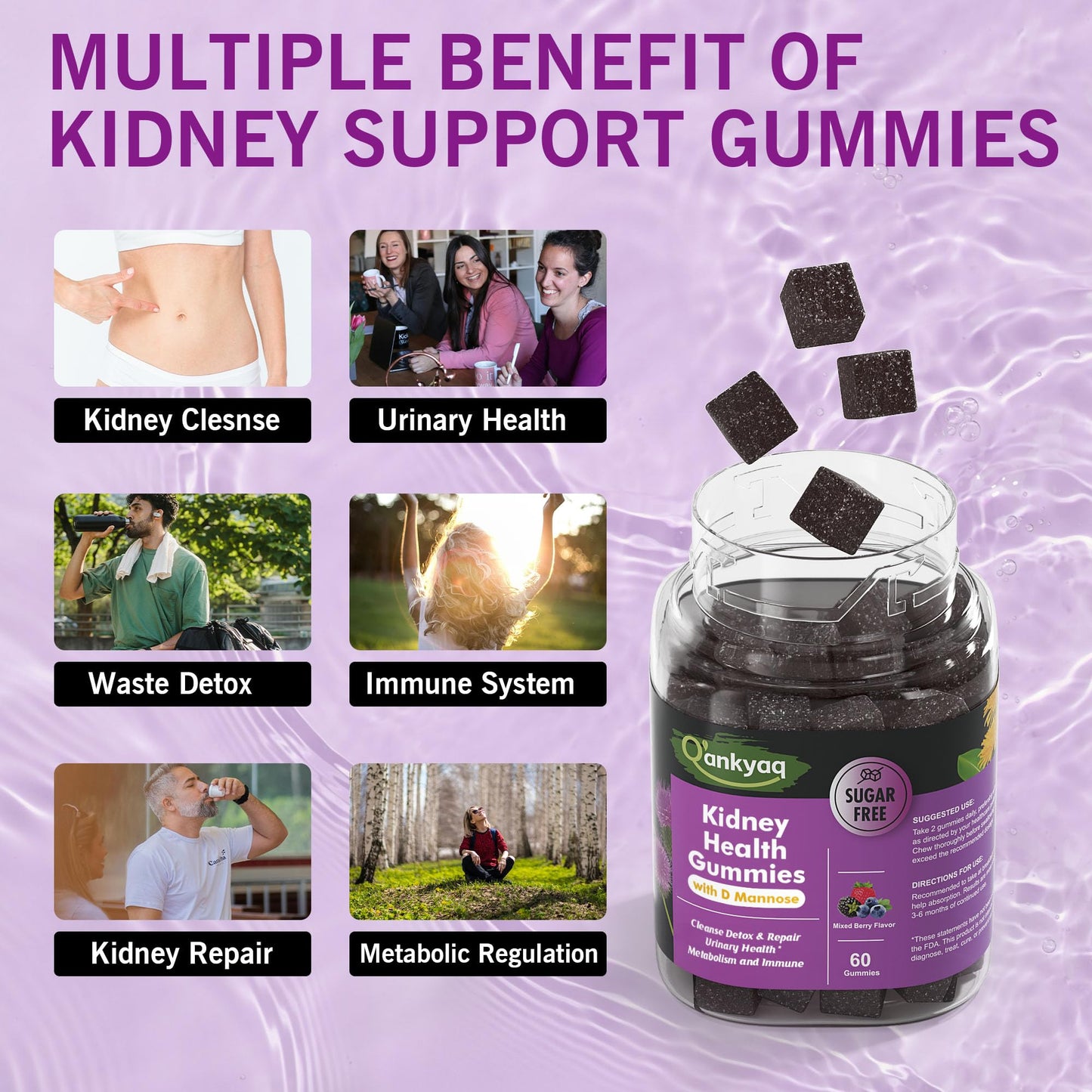 Q'ankyaq Kidney Cleanse Detox & Repair D-Mannose Gummies for Women, Urinary Health & Kidney Stone Support, 60 Gummies
