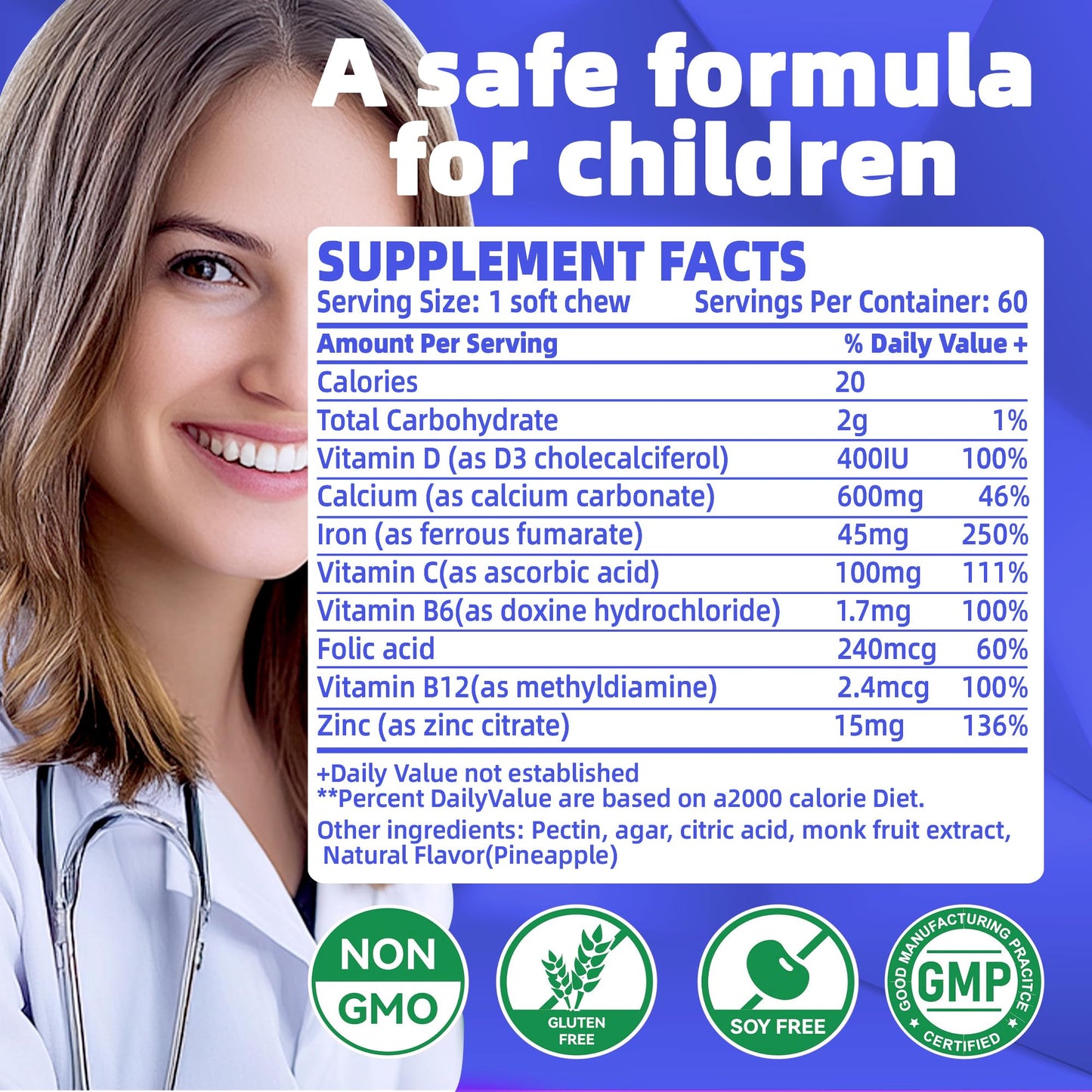 Allcoovita Iron Soft Chews Supplement with Vitamin C 60 Count