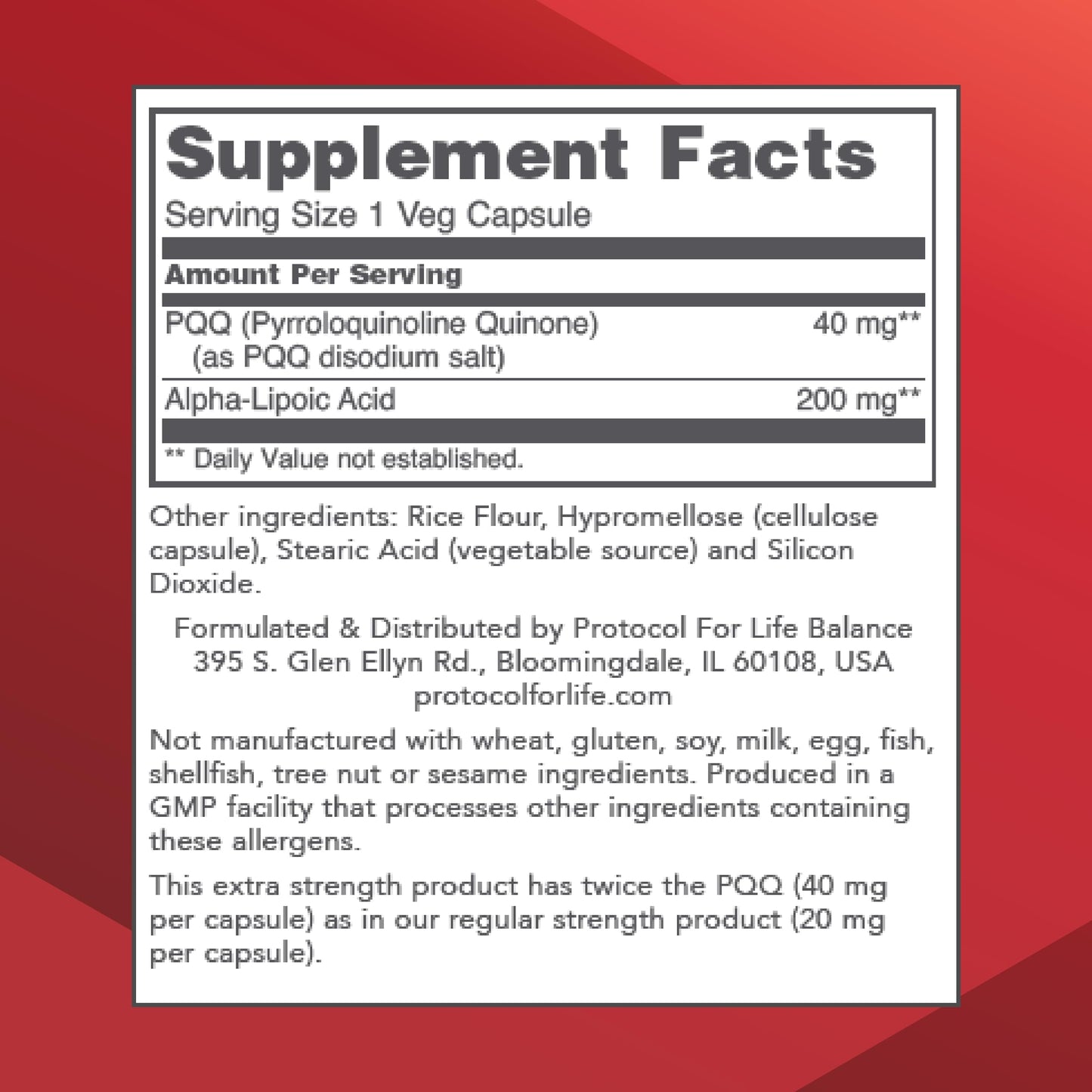 Protocol for Life Balance PQQ 40mg with Alpha-Lipoic Acid Heart Health Supplement - Extra Strength, 50 Capsules