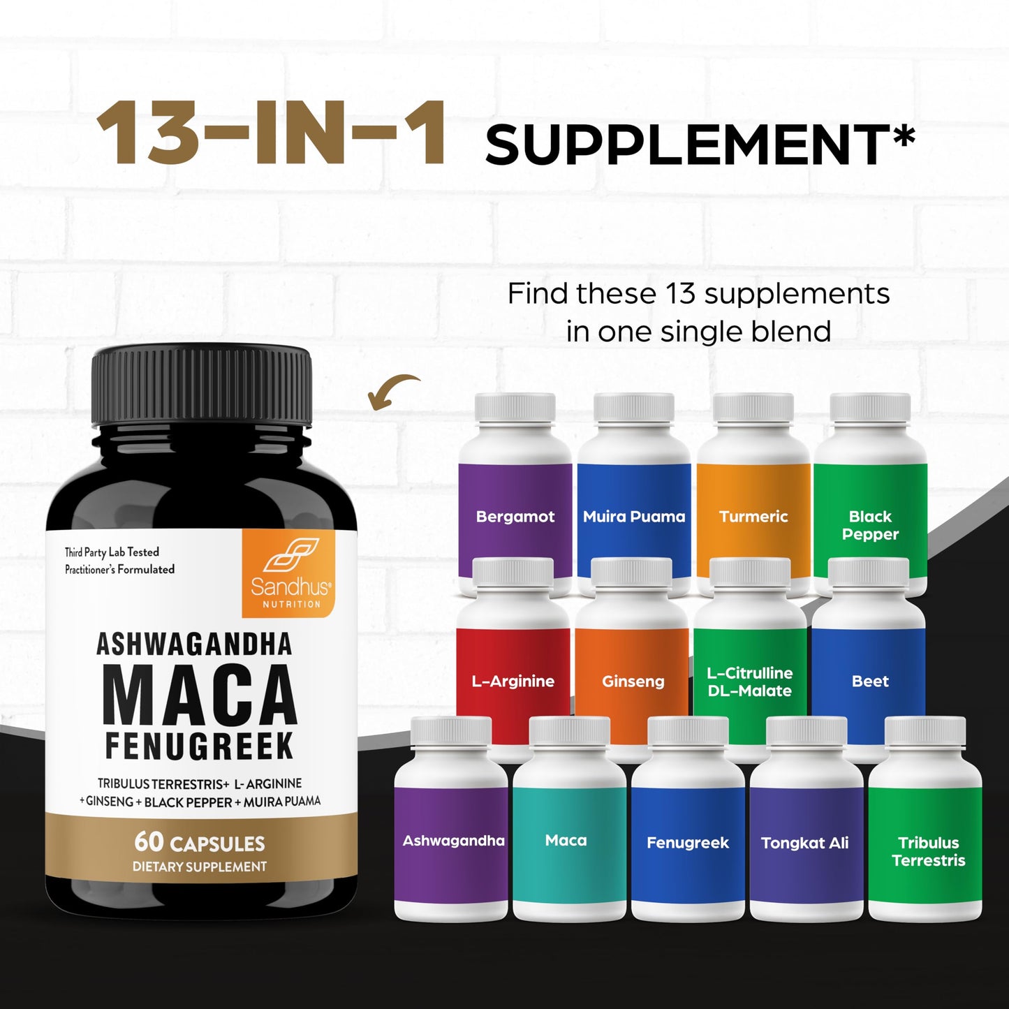 Sandhu's Maca Root, Fenugreek with Ashwagandha L-Arginine, Ginseng and Muira Puama Capsules, 60 Count