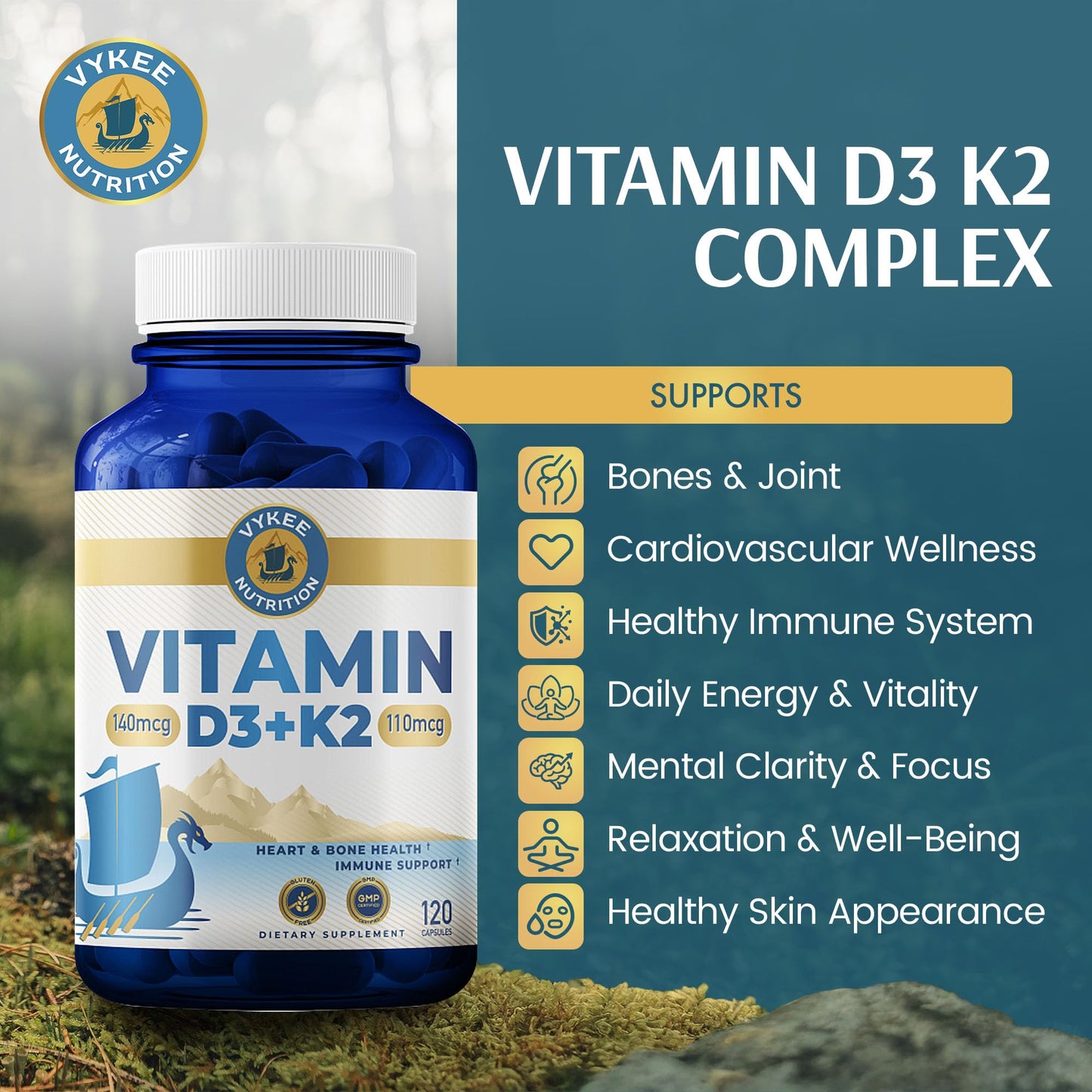 Vykee Nutrition High Potency Vitamin D3 K2 Complex Caplets 120