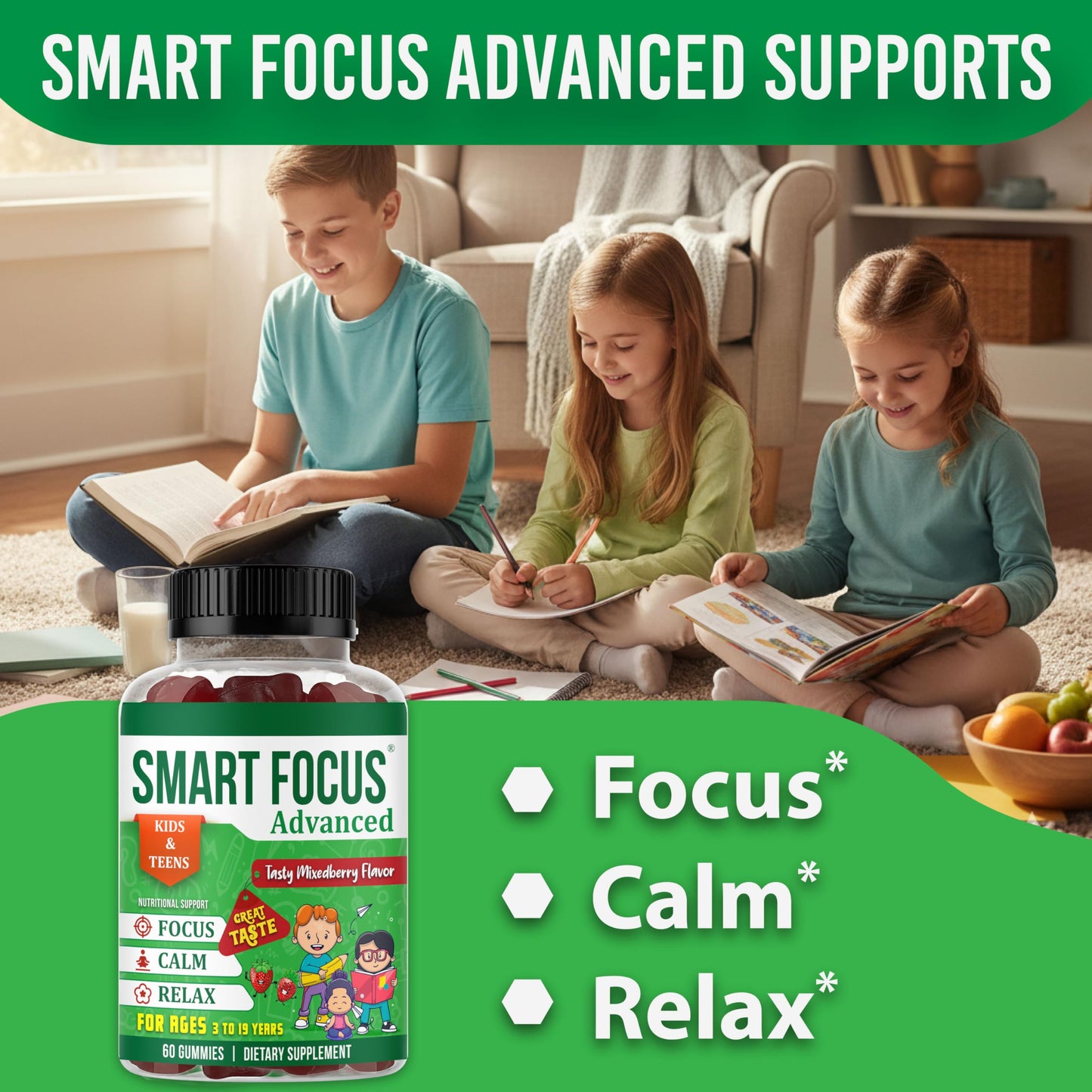 Smart Focus Calm and Focus Supplements for Kids & Teens Magnesium Calm Gummies for Mood & Relaxed Sleep, Natural Mixed Berry Flavor, 60 Gummies