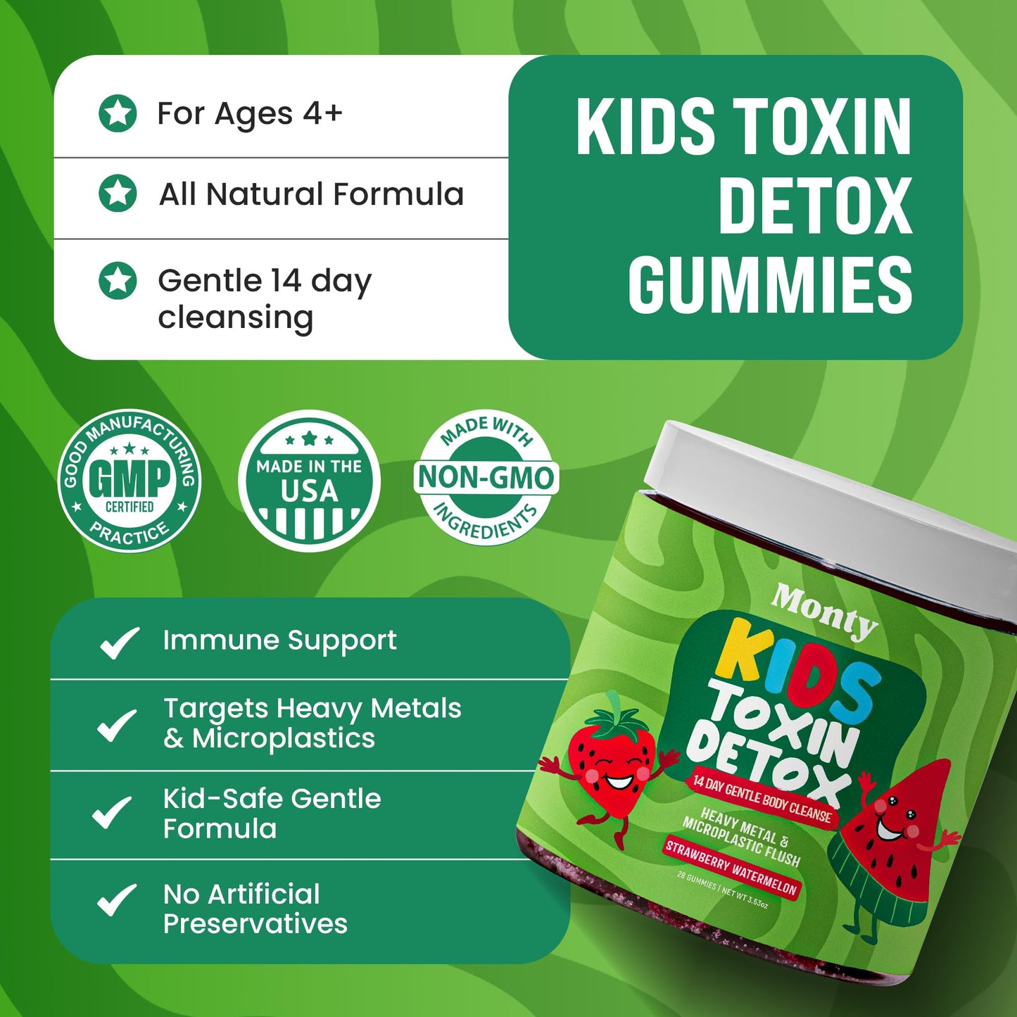 Monty Supplements Zeolite Detox for Kids, Heavy Metal & Microplastic Detox, Development, Behavior, Energy and Gut Health, Vegan Gummies w/Chlorella & Fibersol-2, Strawberry Watermelon Flavor, 28 Count