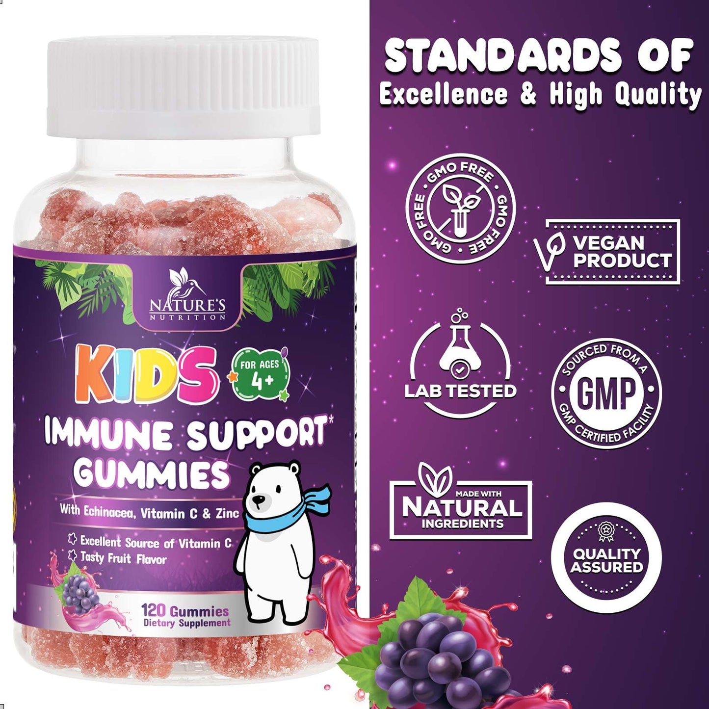 Nature's Nutrition Kids Immune Support Gummies Vitamin C, Zinc & Echinacea, 120 Gummies