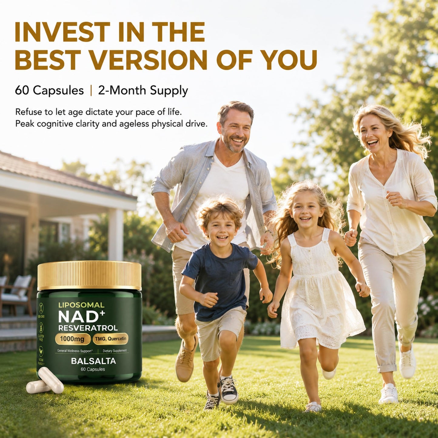 BALSALTA Liposomal NAD+ Supplement 1000mg with Resveratrol, TMG & Quercetin, 60 Capsules