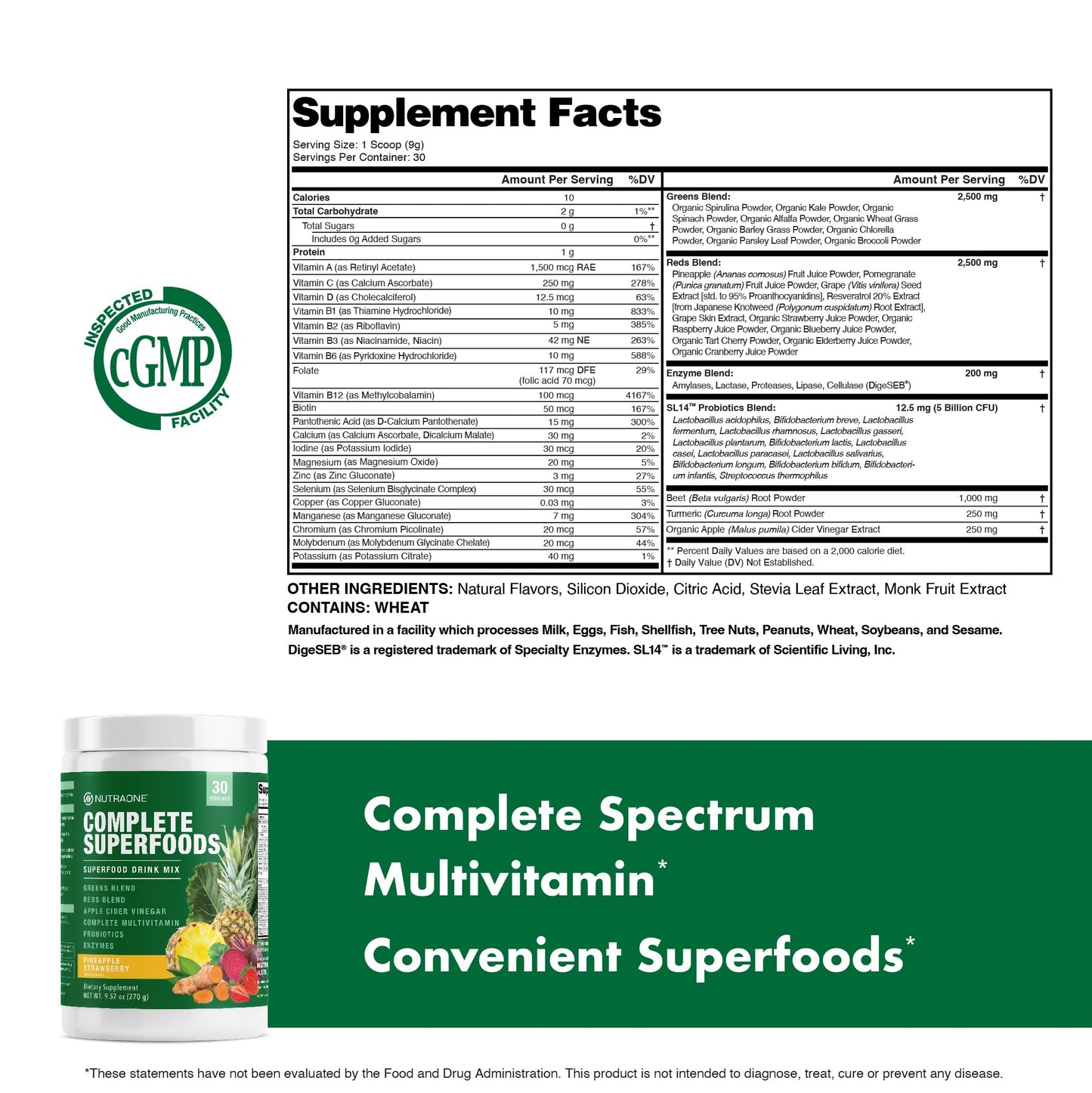 NutraOne Complete Superfoods, Greens & Reds Blend, Apple Cider Vinegar, Digestive Enzyme Blend, Probiotic Blend, Multivitamin (Pineapple Strawberry - 30 Servings) Cannister Pineapple Strawberry Powder 9.31 Ounce