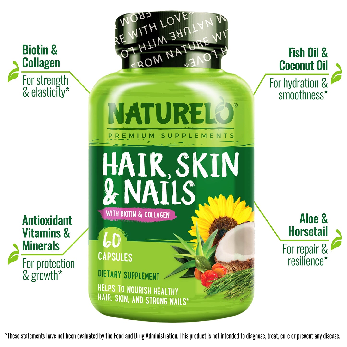 NATURELO Hair, Skin and Nails Multivitamin Collagen Peptide Powder, 60 Count