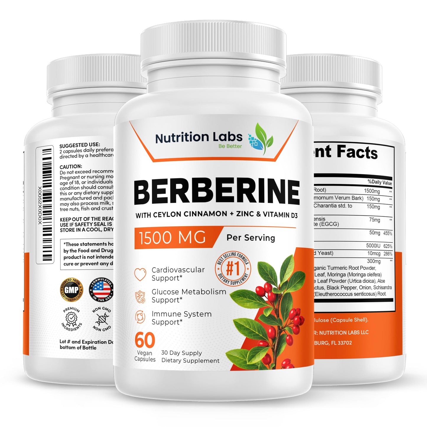 NUTRITION LABS BE BETTER Berberine HCL Supplement 1500mg with Ceylon Cinnamon & Bitter Melon, Capsules, 60 Count