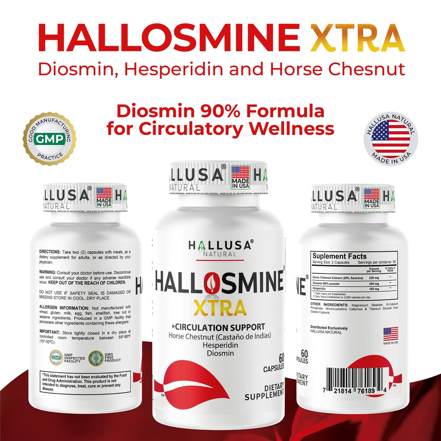 Hallusa Natural Hallosmine Xtra 850mg, Diosmin, Hesperidin & Horse Chestnut, Leg Circulation & Vein Support, Varicose Veins, Hemorrhoids, Lymphatic Drainage, 60 Capsules