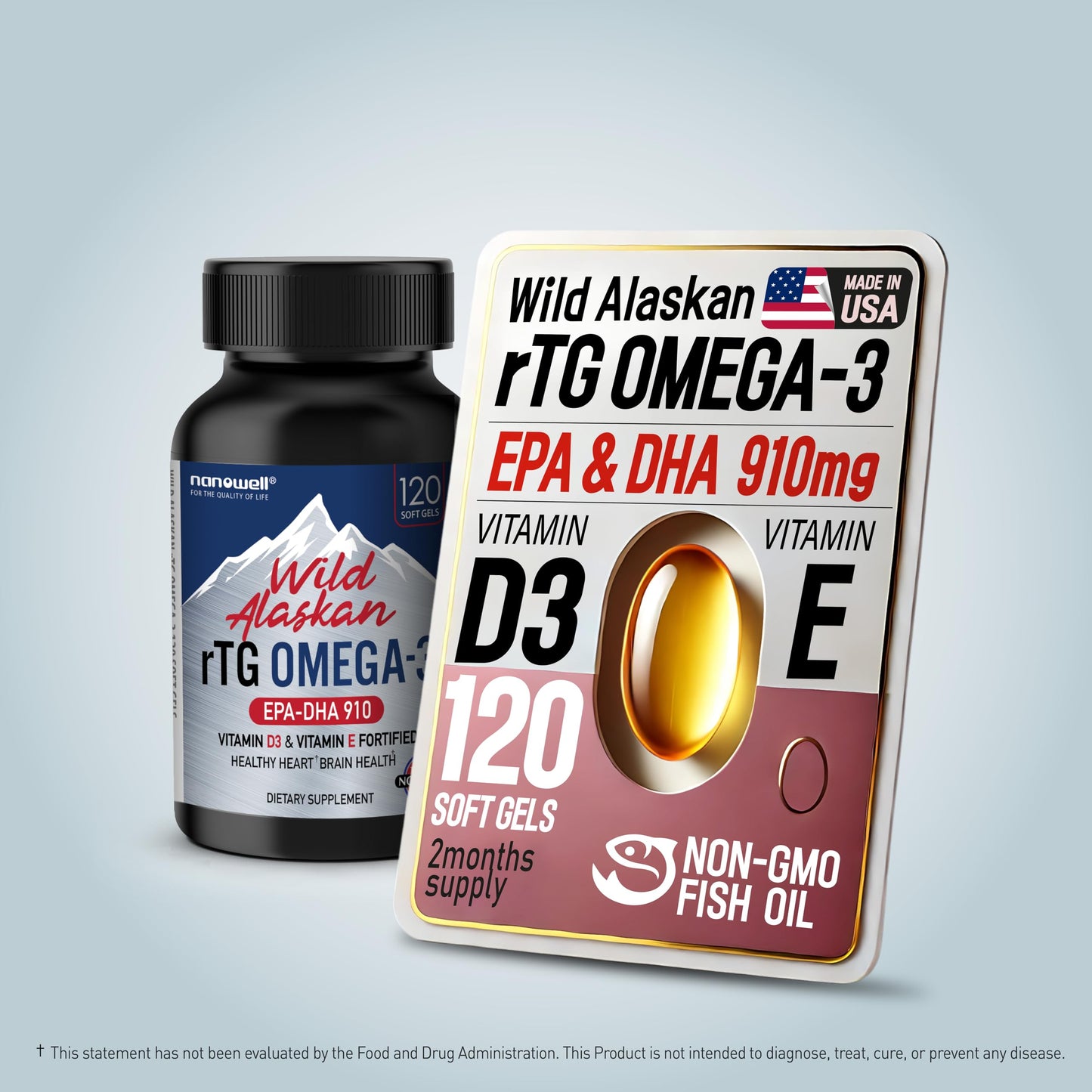 NANOWELL Wild Alaskan rTG Omega-3 Fish Oil 1196mg - EPA, DHA, Vitamin D3 & E Softgels 120
