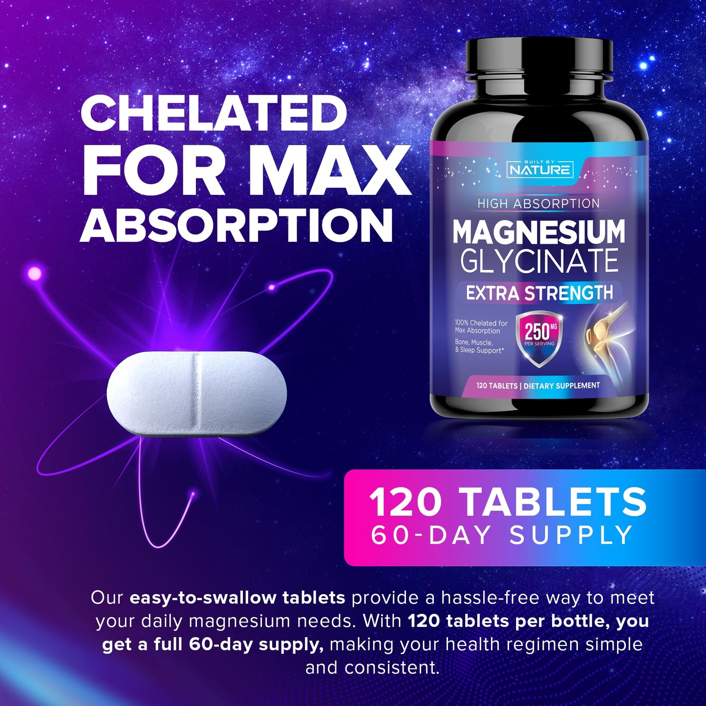 Built by Nature Magnesium Glycinate 250mg Tablet, 120 Tablets