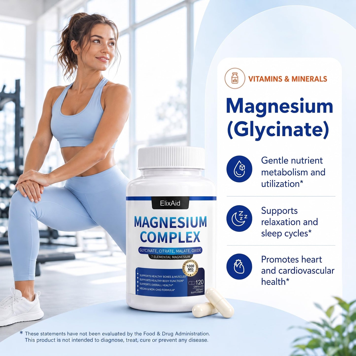 ElixAid Magnesium Complex 1000mg 7-in-1 (Glycinate, Citrate & Malate) Capsule, 120 Count