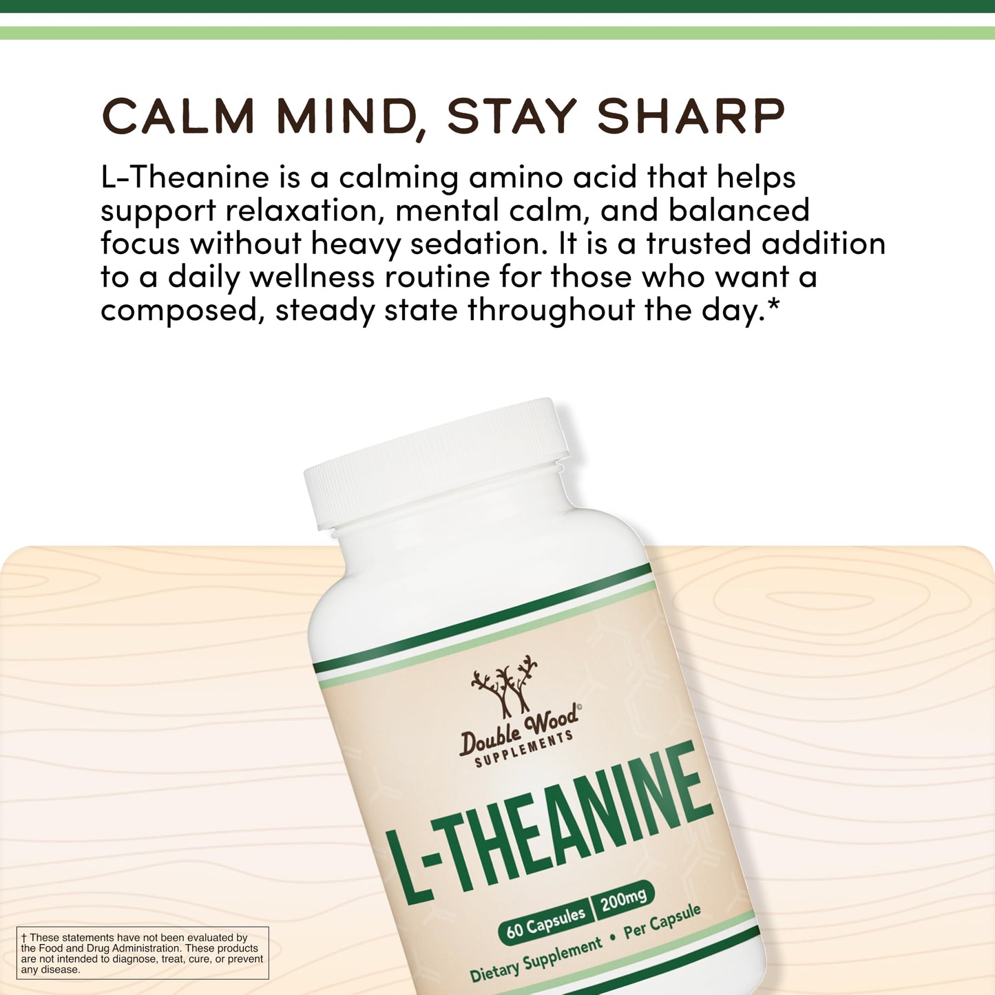 Double Wood Supplements L-Theanine 200mg, Calm, Restful Sleep & Focus, 60 Capsules