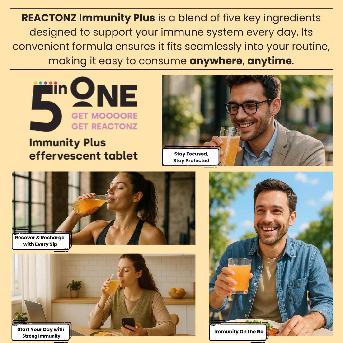 REACTONZ 5 in 1 Immunity Plus – Immune Support & Antioxidant Supplement – Vitamin C, Zinc, Manuka Honey, Rosehip & Propolis – Natural Zesty Orange Flavor – 20 Tablets