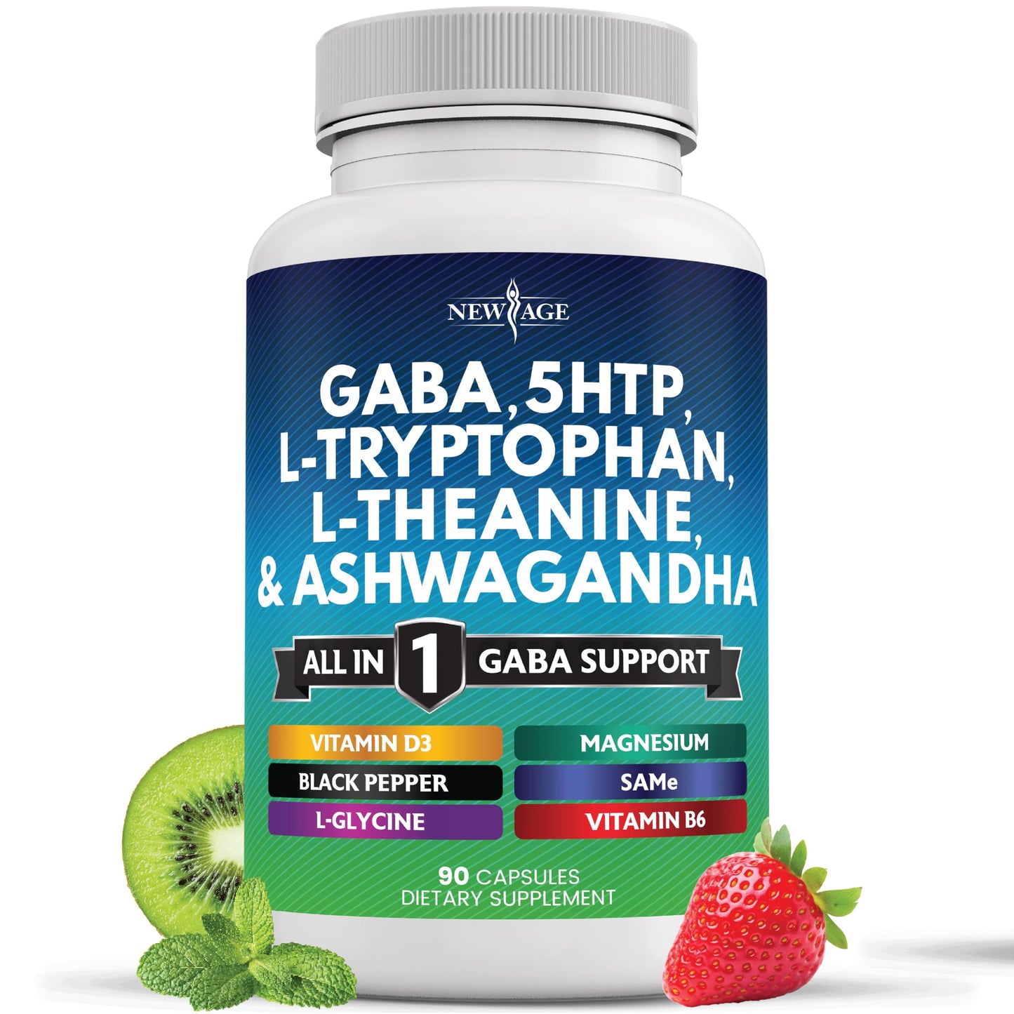 NEW AGE GABA 750mg 5-HTP 200mg L-Tryptophan 500mg L-Theanine 200mg Ashwagandha SAM-e L-Glycine Capsules, 90 Count