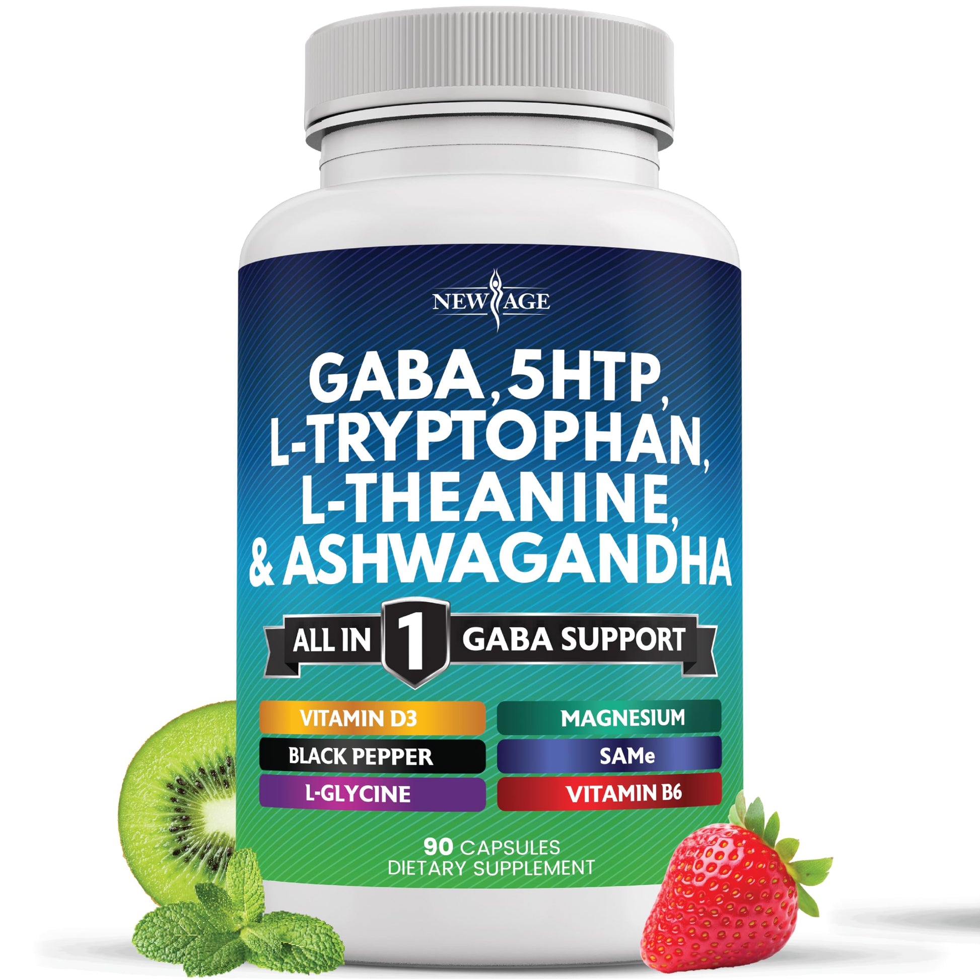 NEW AGE GABA 750mg 5-HTP 200mg L-Tryptophan 500mg L-Theanine 200mg Ashwagandha SAM-e L-Glycine Capsules, 90 Count
